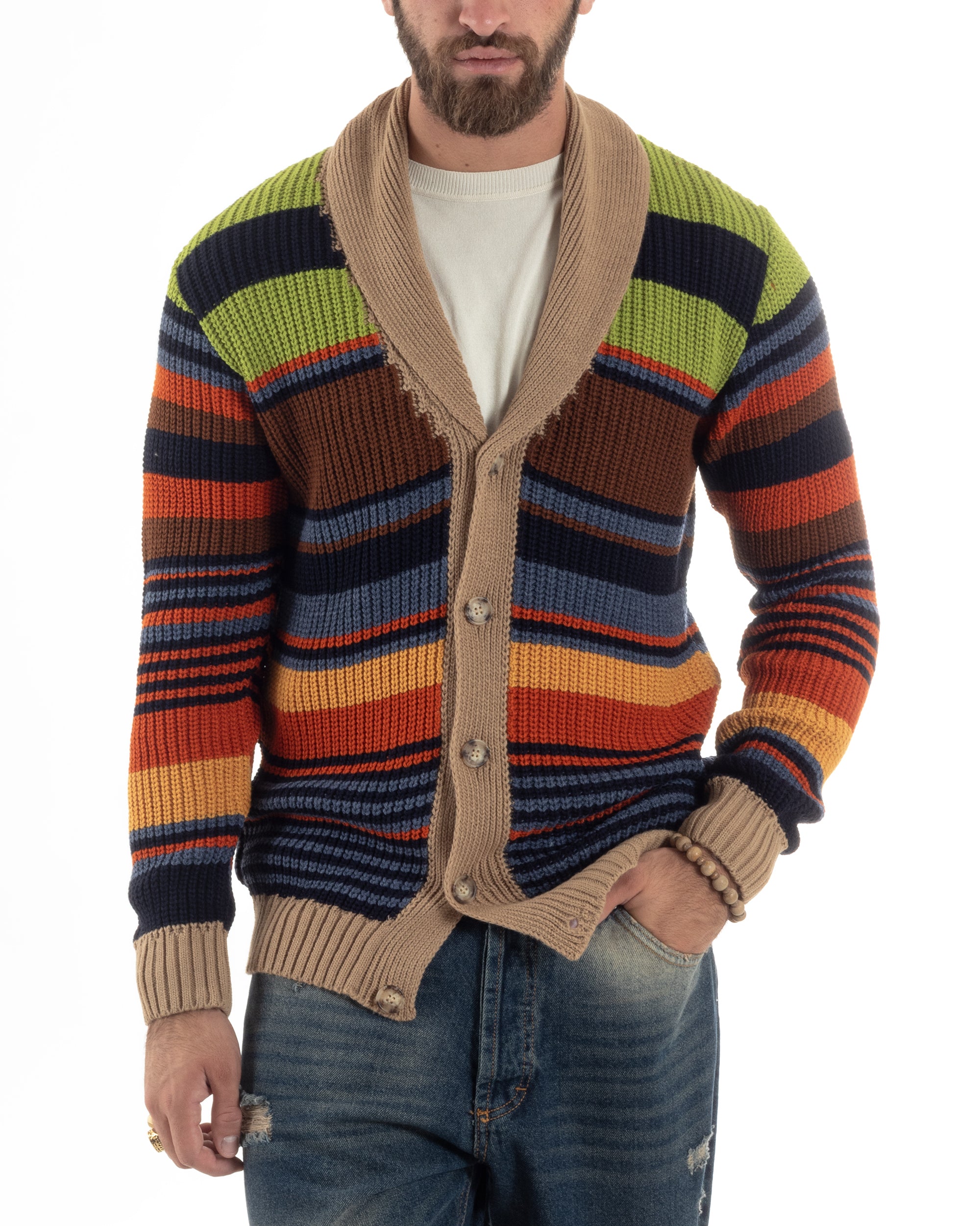 Cardigan Uomo Rigato Maglia Con Bottoni E Collo A Scialle Giacca Calda Casual Multicolor GIOSAL-M2911A