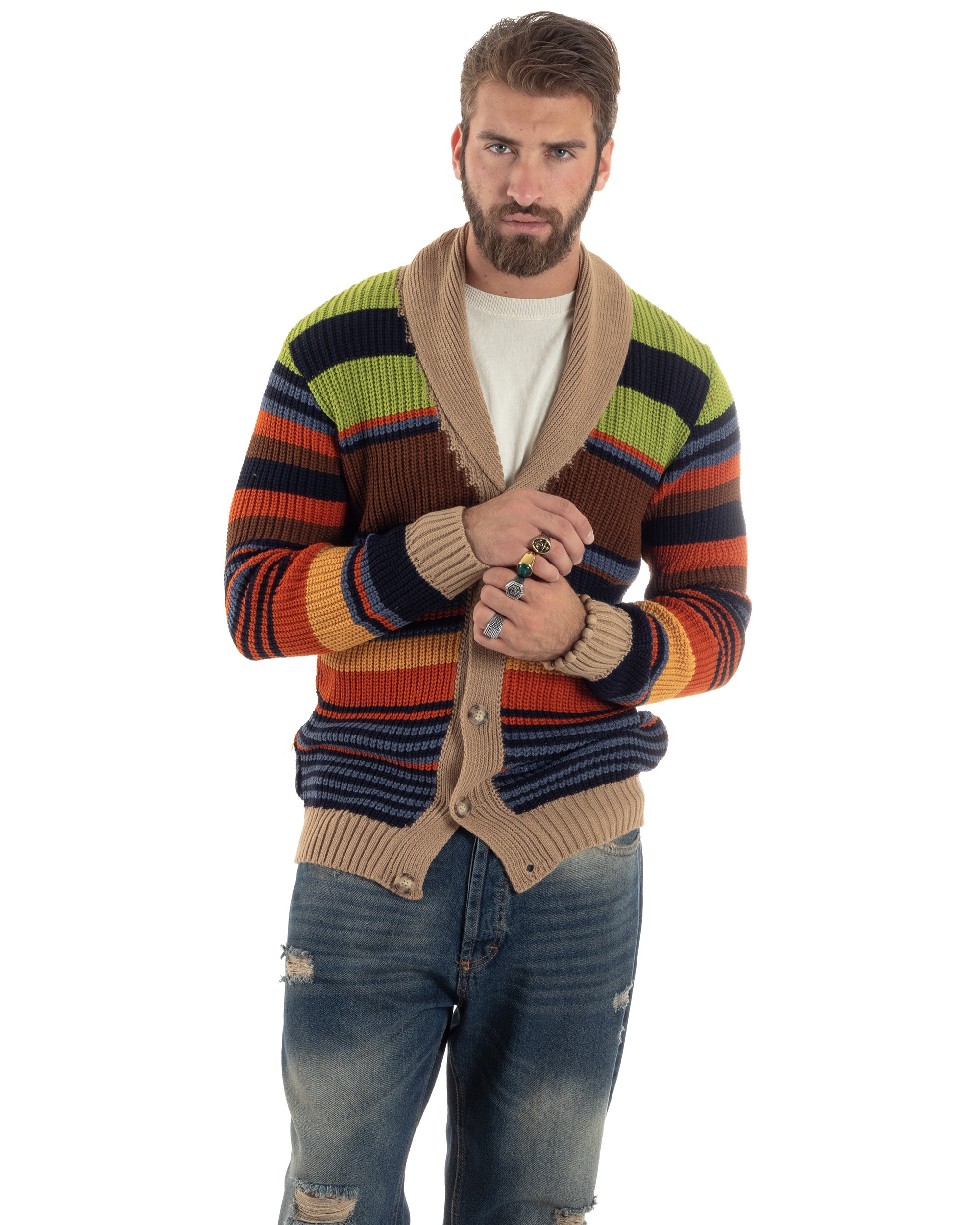 Cardigan Uomo Rigato Maglia Con Bottoni E Collo A Scialle Giacca Calda Casual Multicolor GIOSAL-M2911A