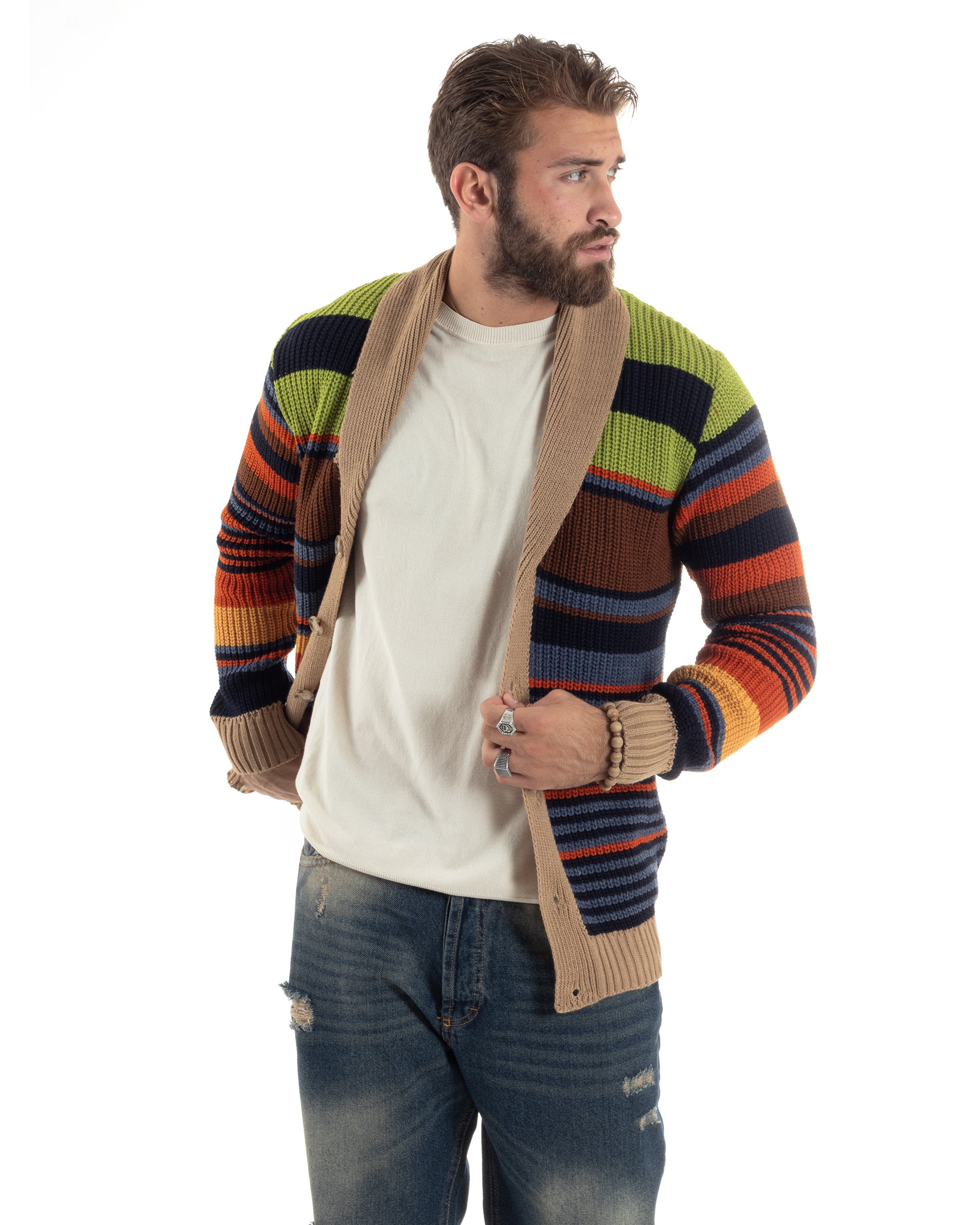 Cardigan Uomo Rigato Maglia Con Bottoni E Collo A Scialle Giacca Calda Casual Multicolor GIOSAL-M2911A