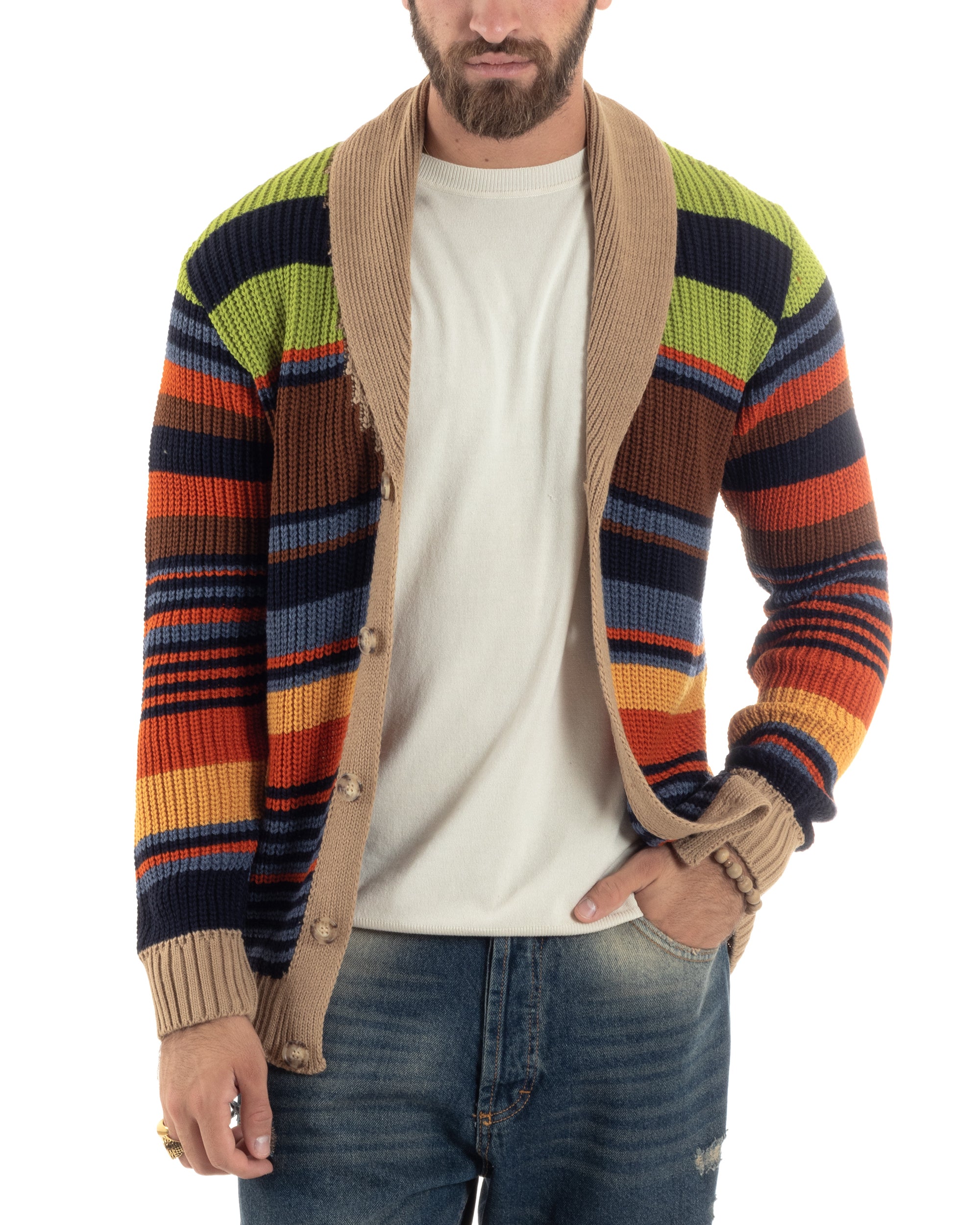 Cardigan Uomo Rigato Maglia Con Bottoni E Collo A Scialle Giacca Calda Casual Multicolor GIOSAL-M2911A