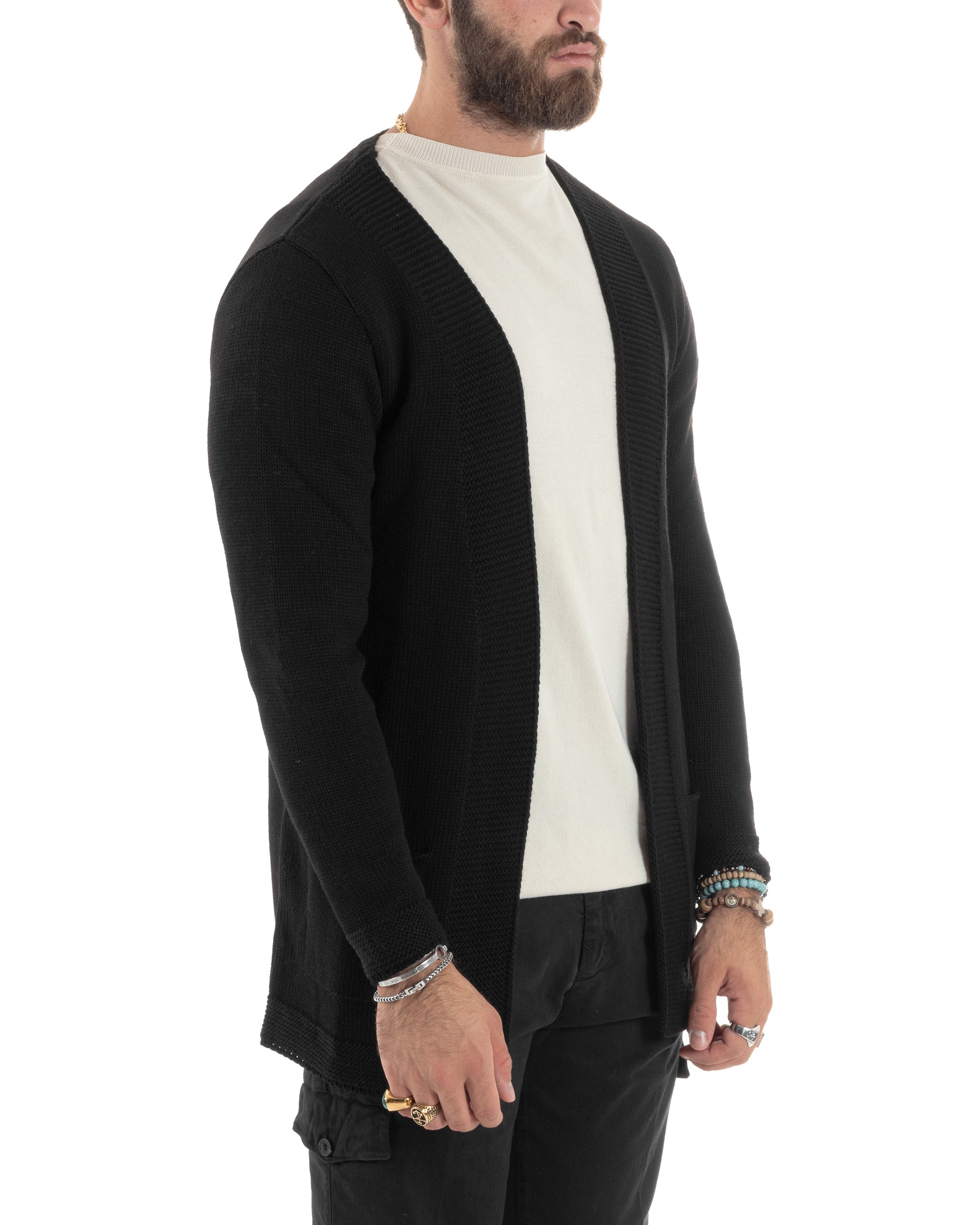 Cardigan Uomo Kimono Lungo Maglioncino Aperto Con Tasche a Toppa Casual Basic Tinta Unita Nero GIOSAL-M2913A