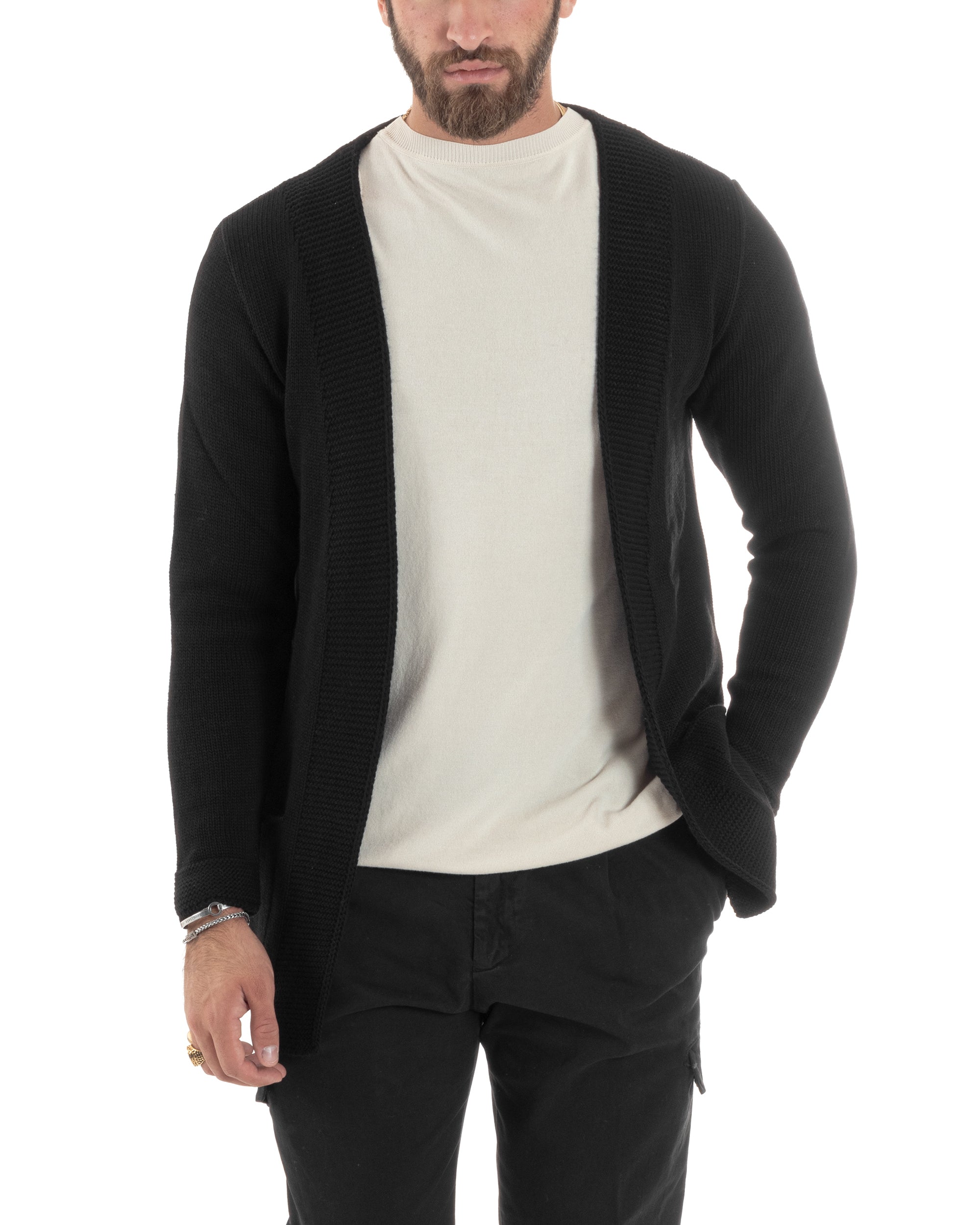 Cardigan Uomo Kimono Lungo Maglioncino Aperto Con Tasche a Toppa Casual Basic Tinta Unita Nero GIOSAL-M2913A