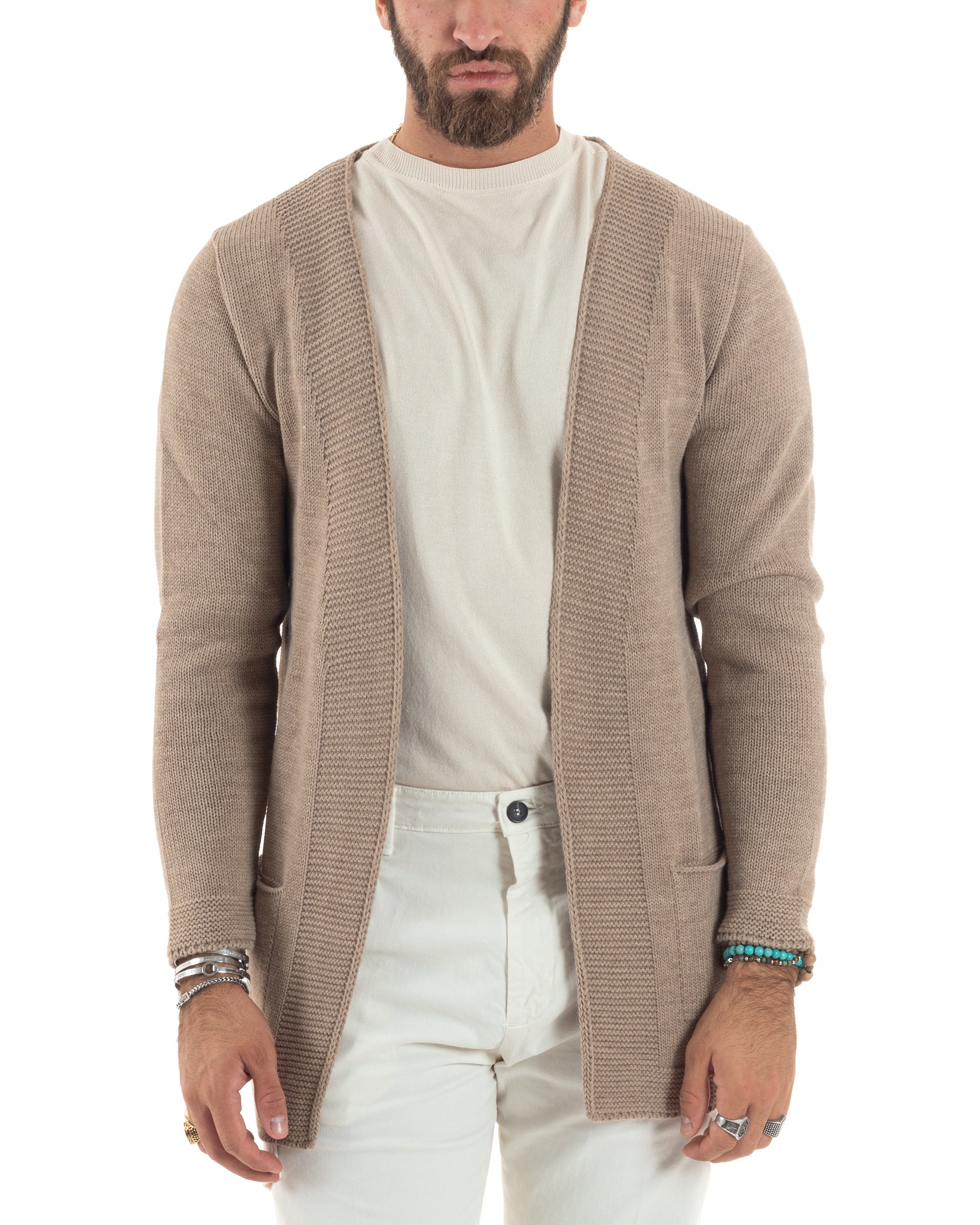 Cardigan Uomo Kimono Lungo Maglioncino Aperto Con Tasche a Toppa Casual Basic Tinta Unita Camel GIOSAL-M2914A