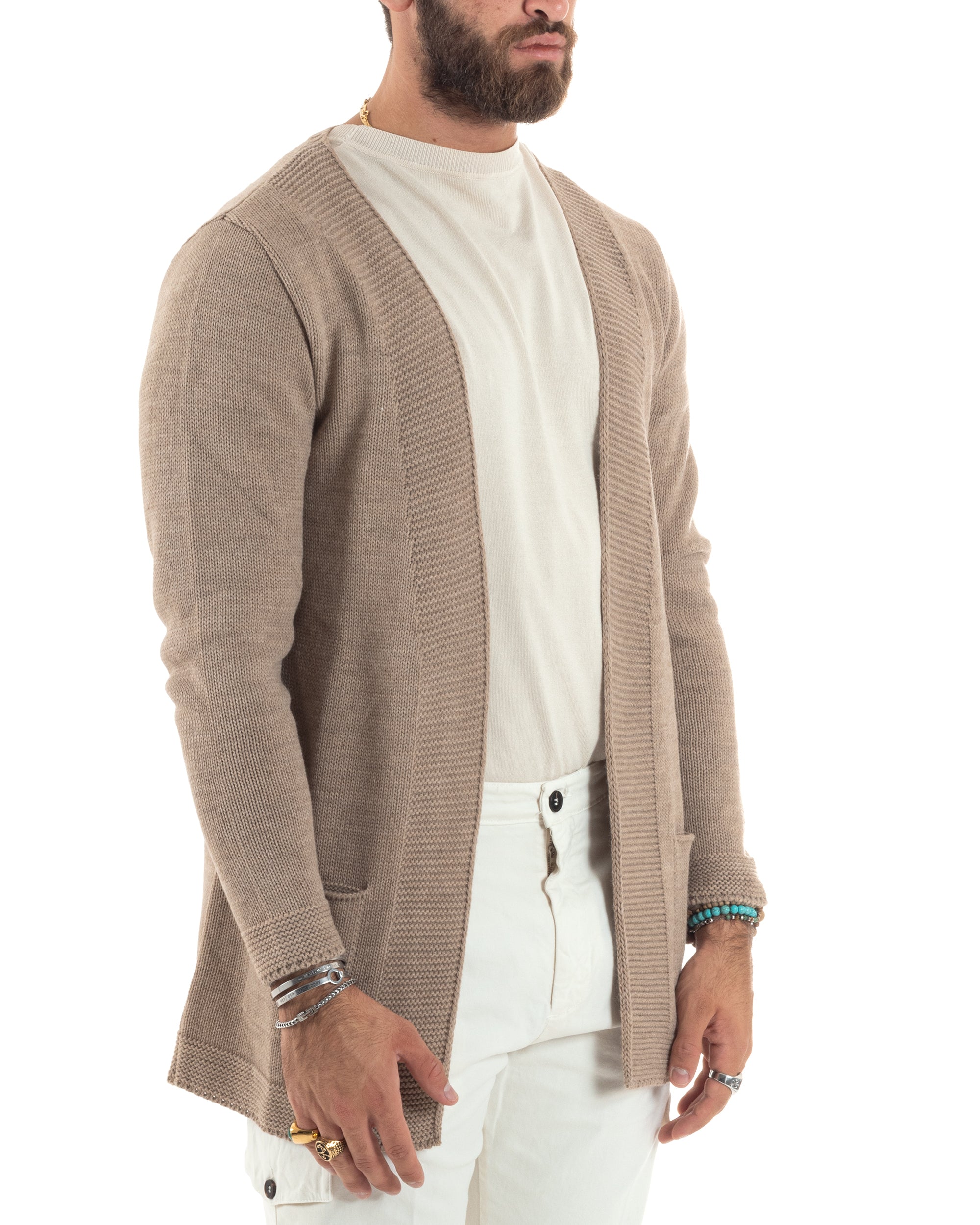 Cardigan Uomo Kimono Lungo Maglioncino Aperto Con Tasche a Toppa Casual Basic Tinta Unita Camel GIOSAL-M2914A