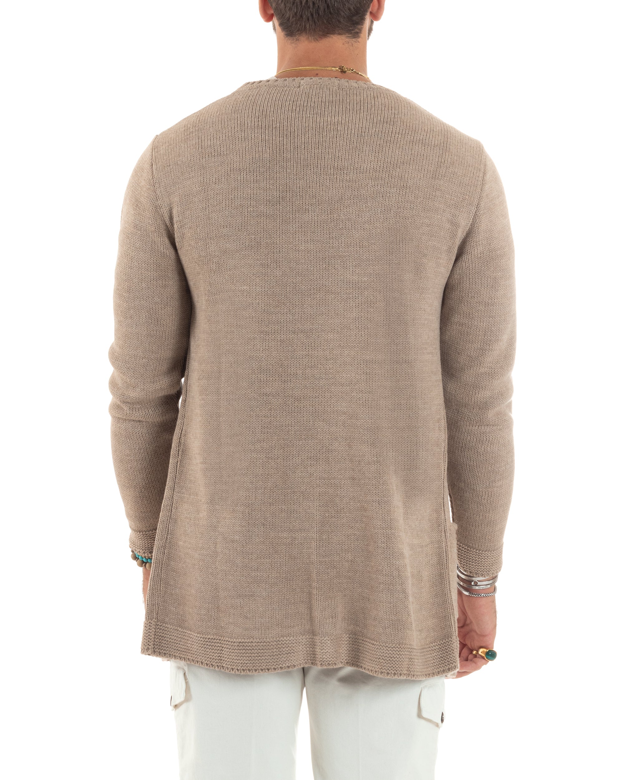 Cardigan Uomo Kimono Lungo Maglioncino Aperto Con Tasche a Toppa Casual Basic Tinta Unita Camel GIOSAL-M2914A