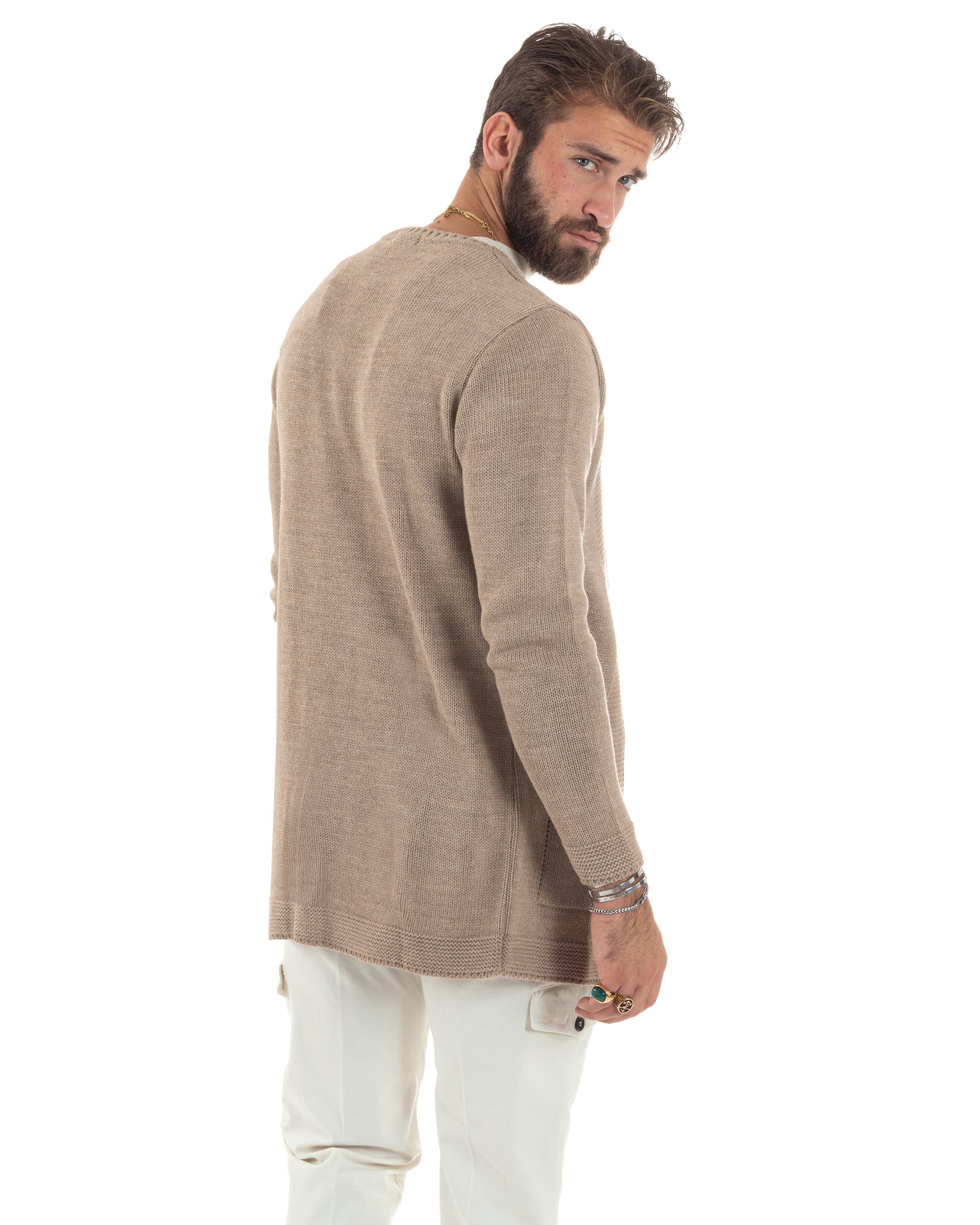 Cardigan Uomo Kimono Lungo Maglioncino Aperto Con Tasche a Toppa Casual Basic Tinta Unita Camel GIOSAL-M2914A