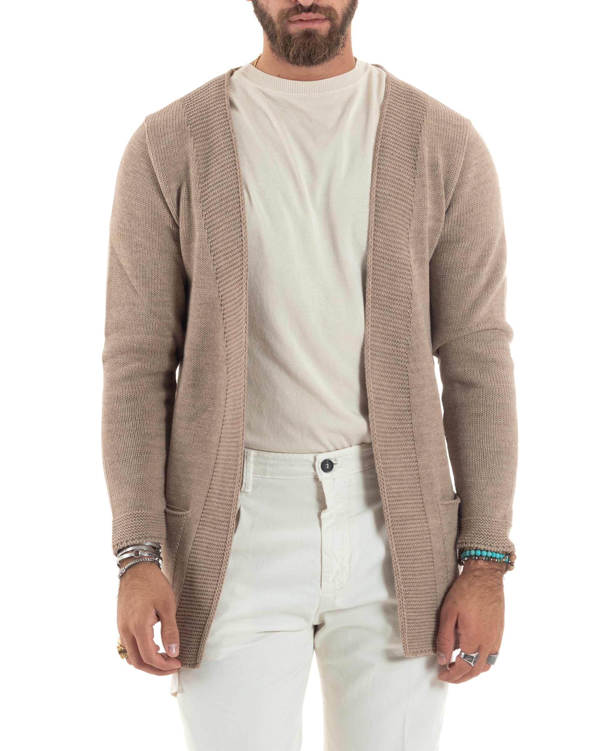 Cardigan Uomo Kimono Lungo Maglioncino Aperto Con Tasche a Toppa Casual Basic Tinta Unita Camel GIOSAL-M2914A