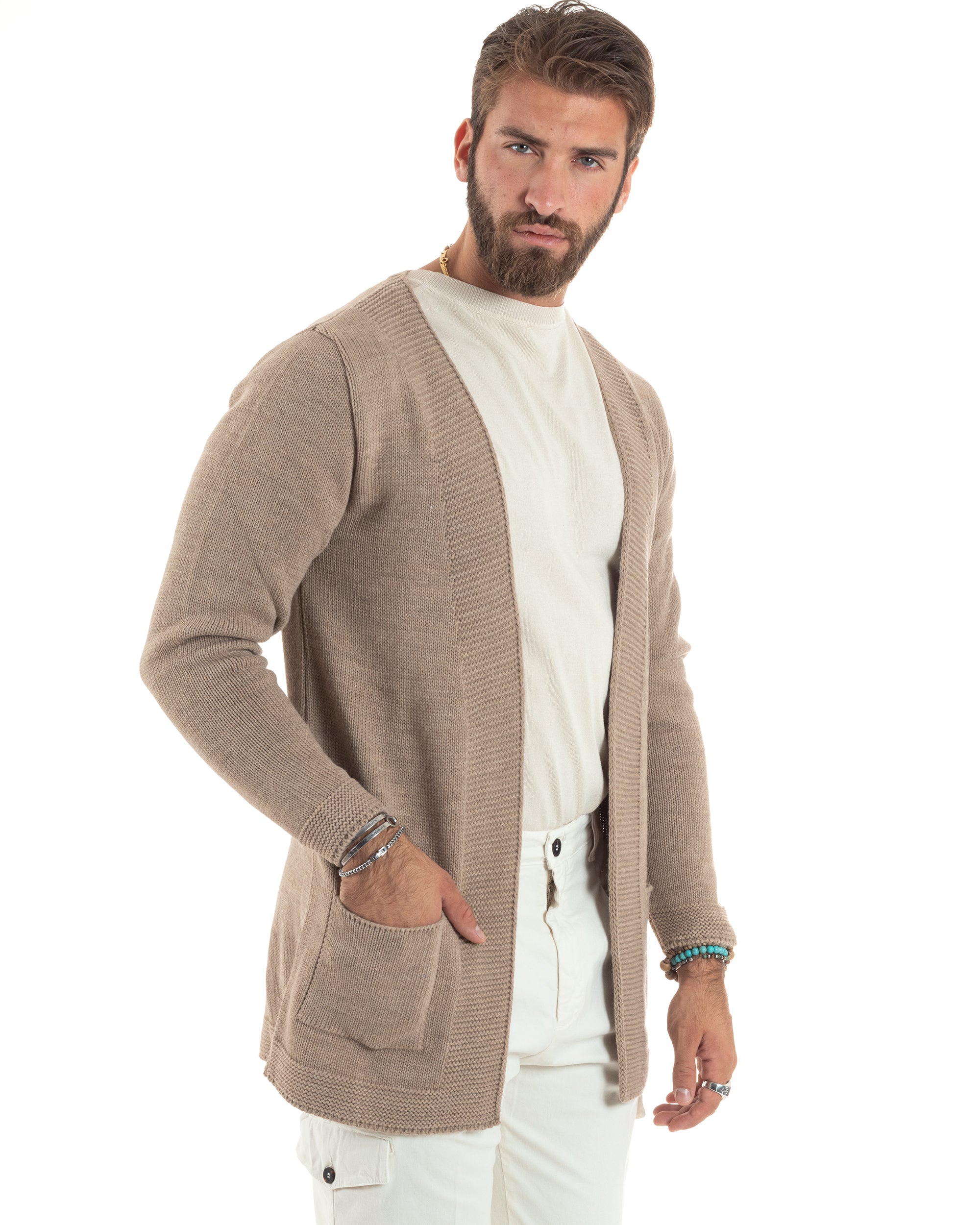 Cardigan Uomo Kimono Lungo Maglioncino Aperto Con Tasche a Toppa Casual Basic Tinta Unita Camel GIOSAL-M2914A