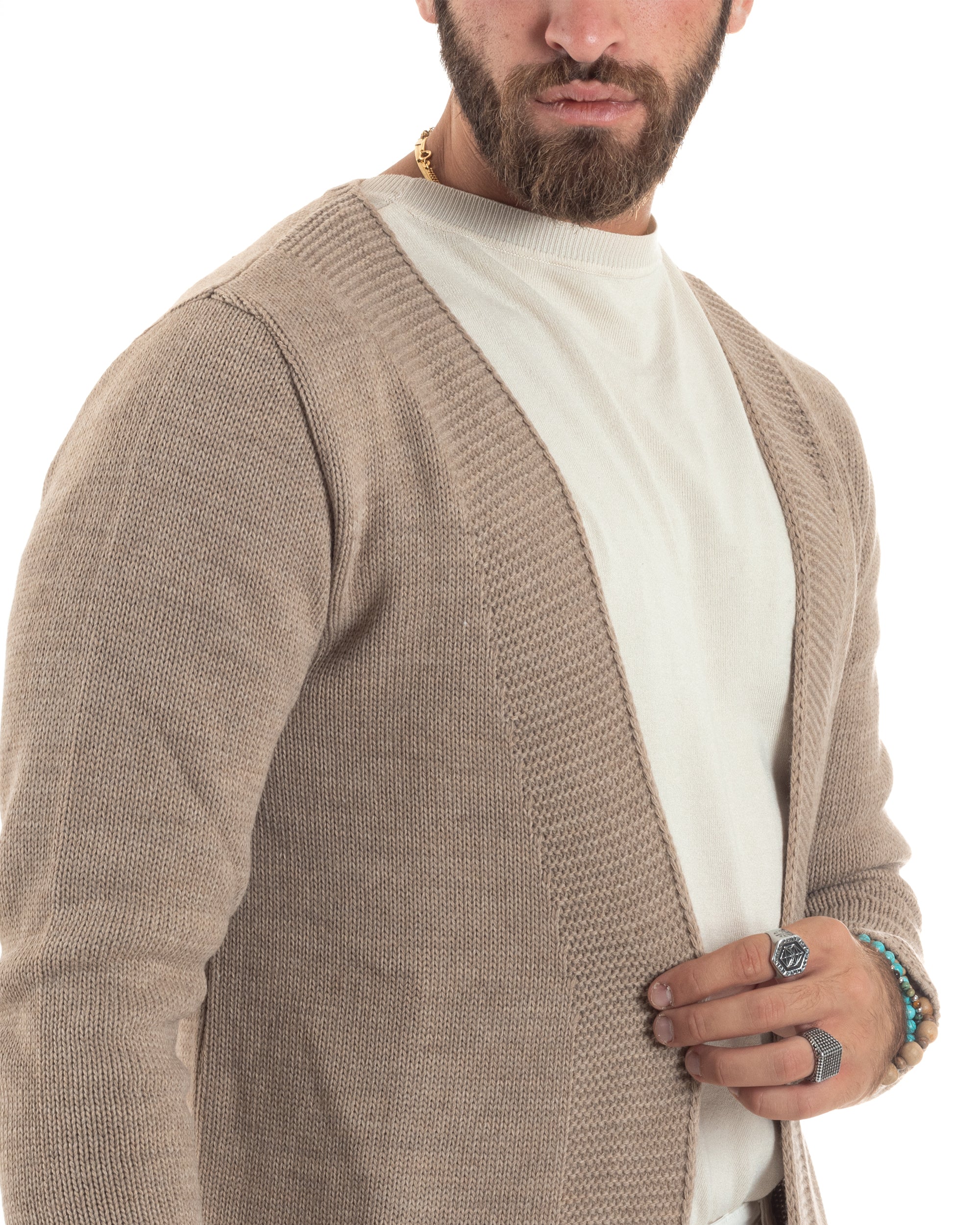 Cardigan Uomo Kimono Lungo Maglioncino Aperto Con Tasche a Toppa Casual Basic Tinta Unita Camel GIOSAL-M2914A