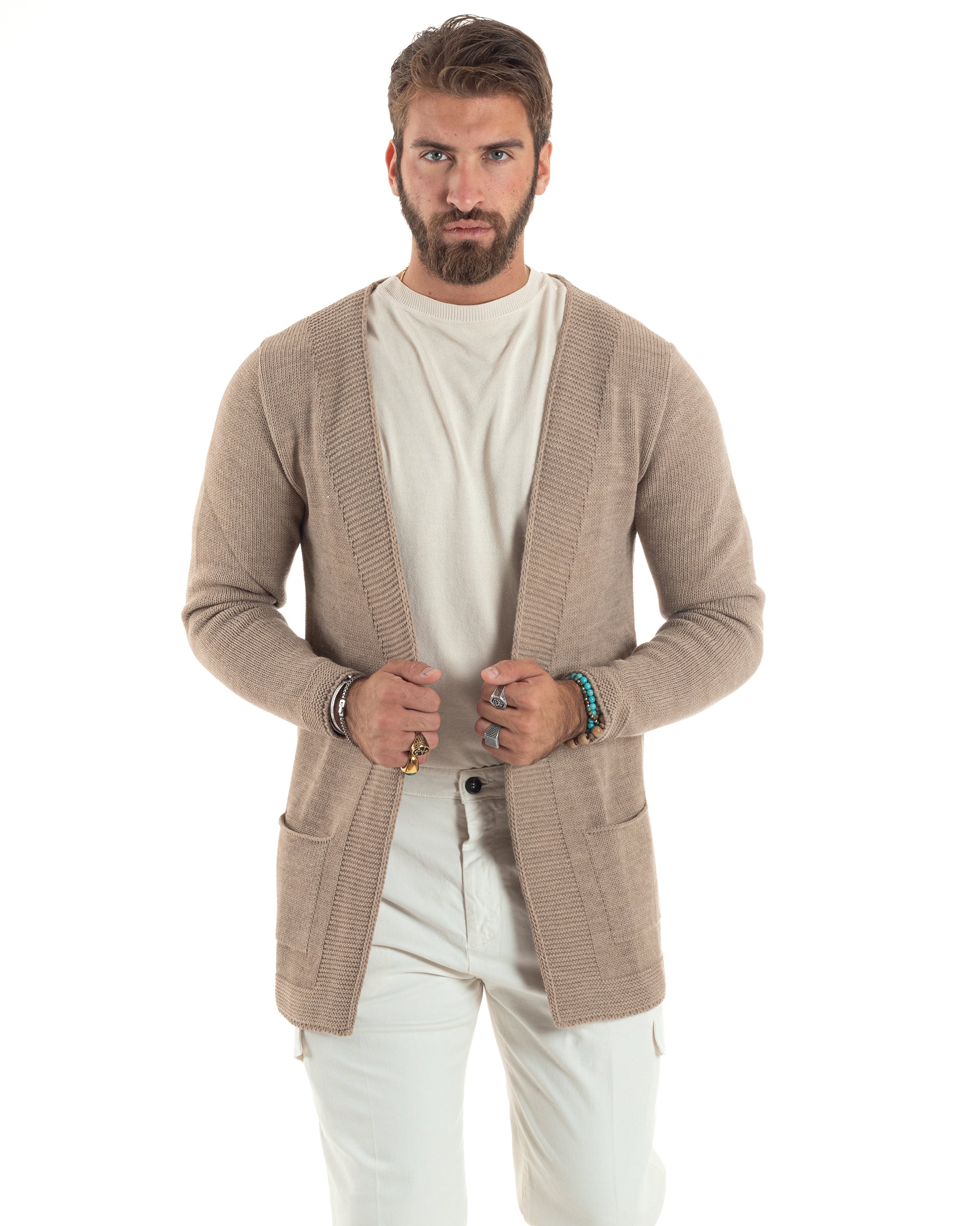 Cardigan Uomo Kimono Lungo Maglioncino Aperto Con Tasche a Toppa Casual Basic Tinta Unita Camel GIOSAL-M2914A