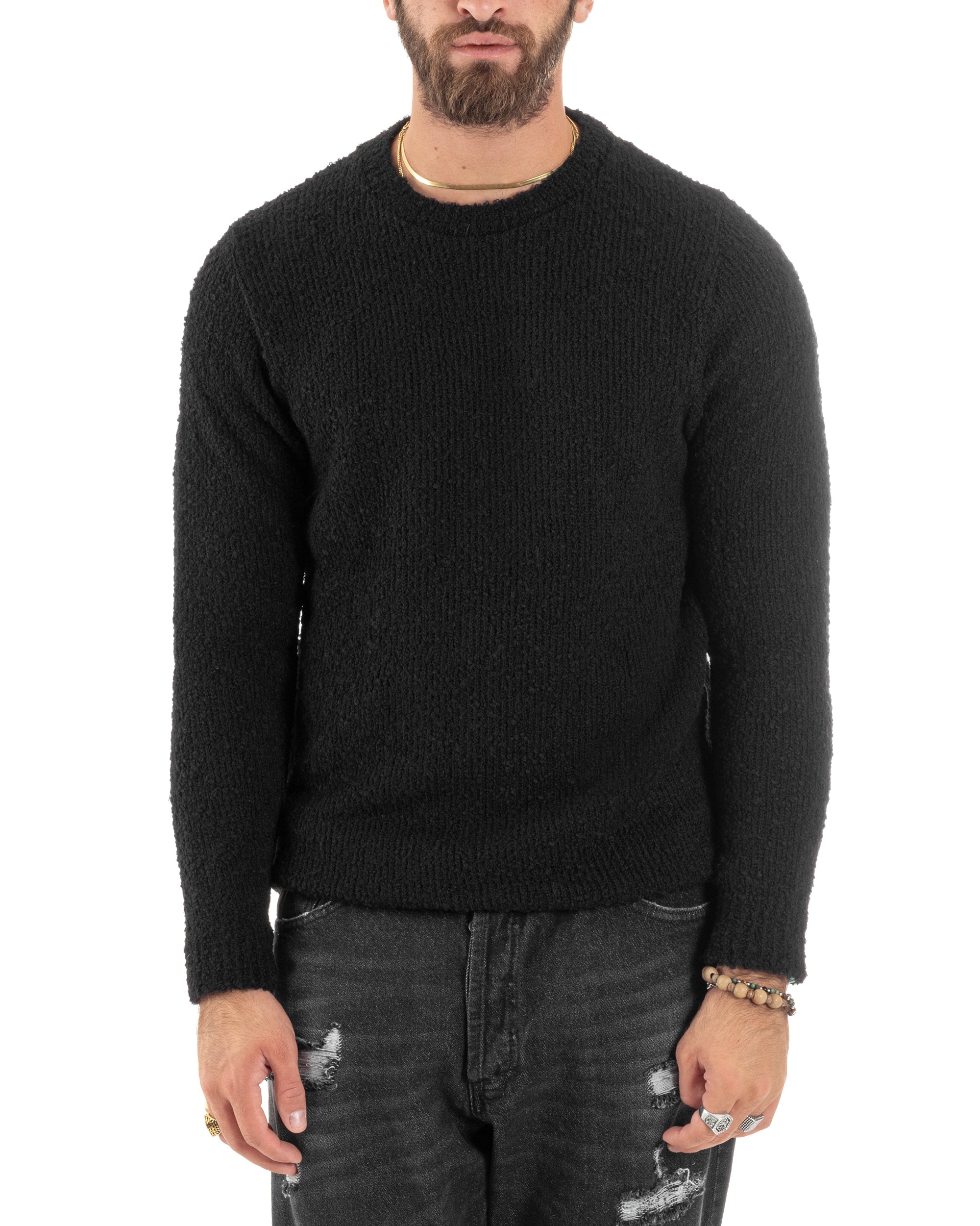 Maglioncino Uomo Girocollo Lana Bouclé Maglia Maniche Lunge Morbida Casual Basic Calda Tinta Unita Nero GIOSAL-M2915A