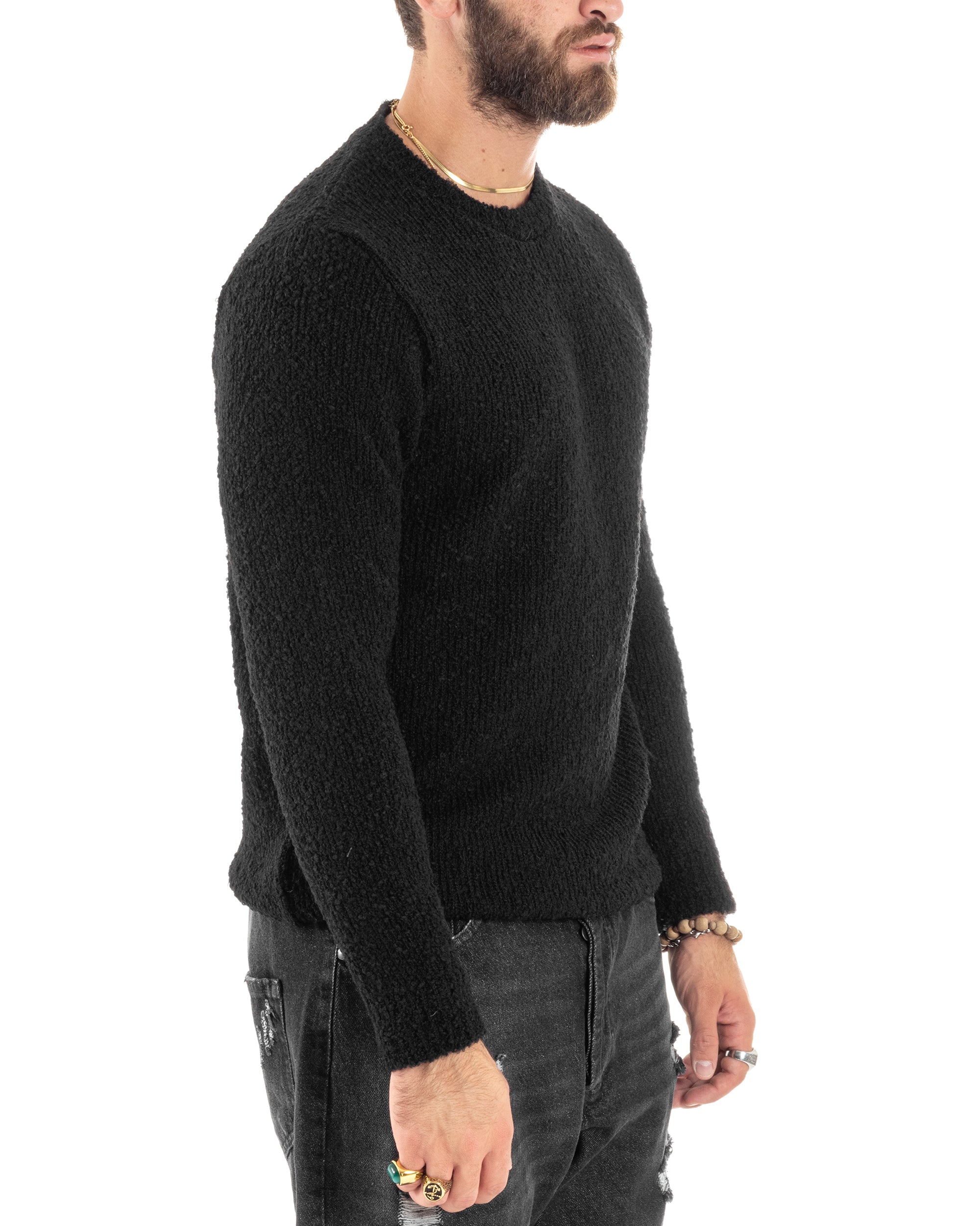 Maglioncino Uomo Girocollo Lana Bouclé Maglia Maniche Lunge Morbida Casual Basic Calda Tinta Unita Nero GIOSAL-M2915A