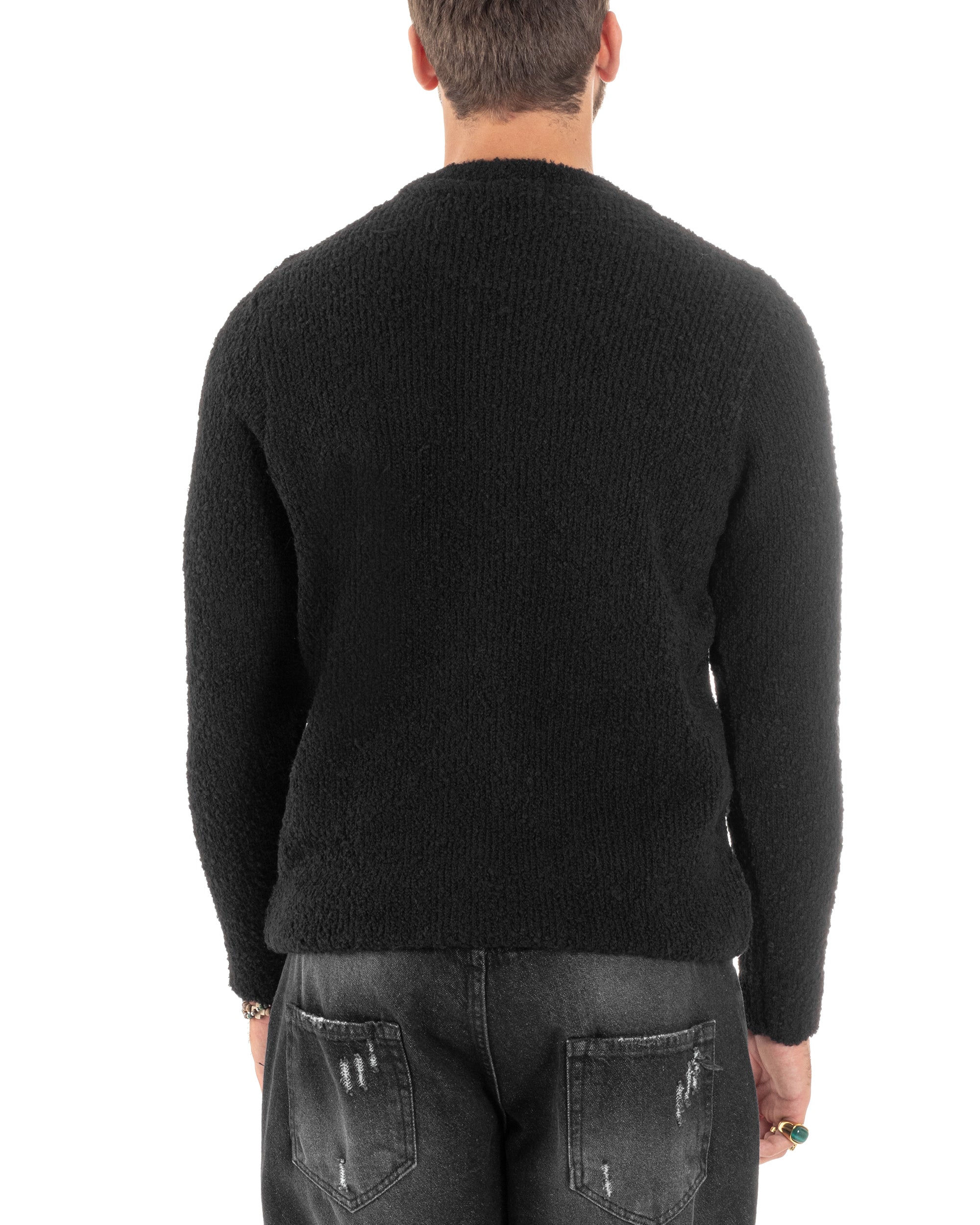 Maglioncino Uomo Girocollo Lana Bouclé Maglia Maniche Lunge Morbida Casual Basic Calda Tinta Unita Nero GIOSAL-M2915A