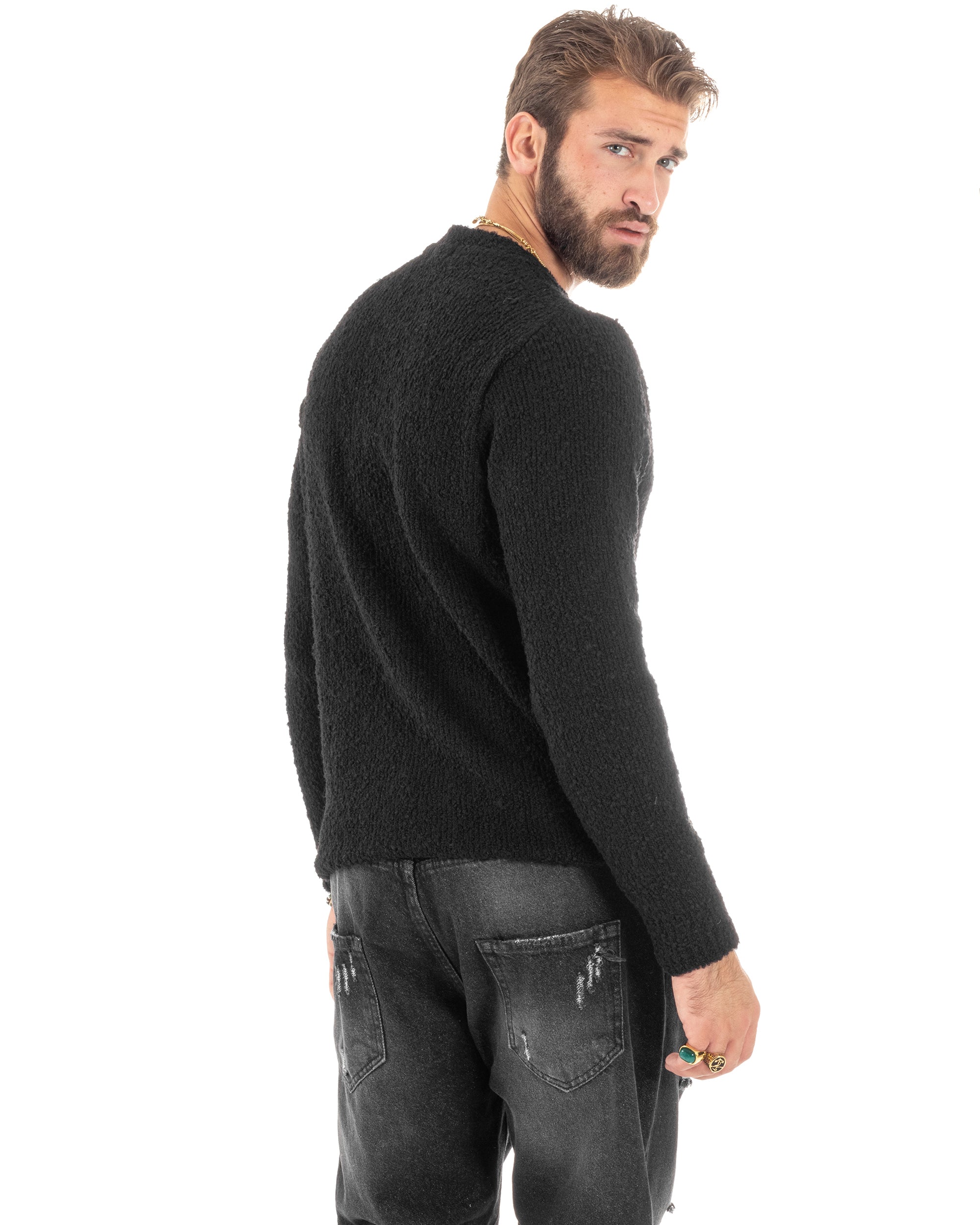 Maglioncino Uomo Girocollo Lana Bouclé Maglia Maniche Lunge Morbida Casual Basic Calda Tinta Unita Nero GIOSAL-M2915A