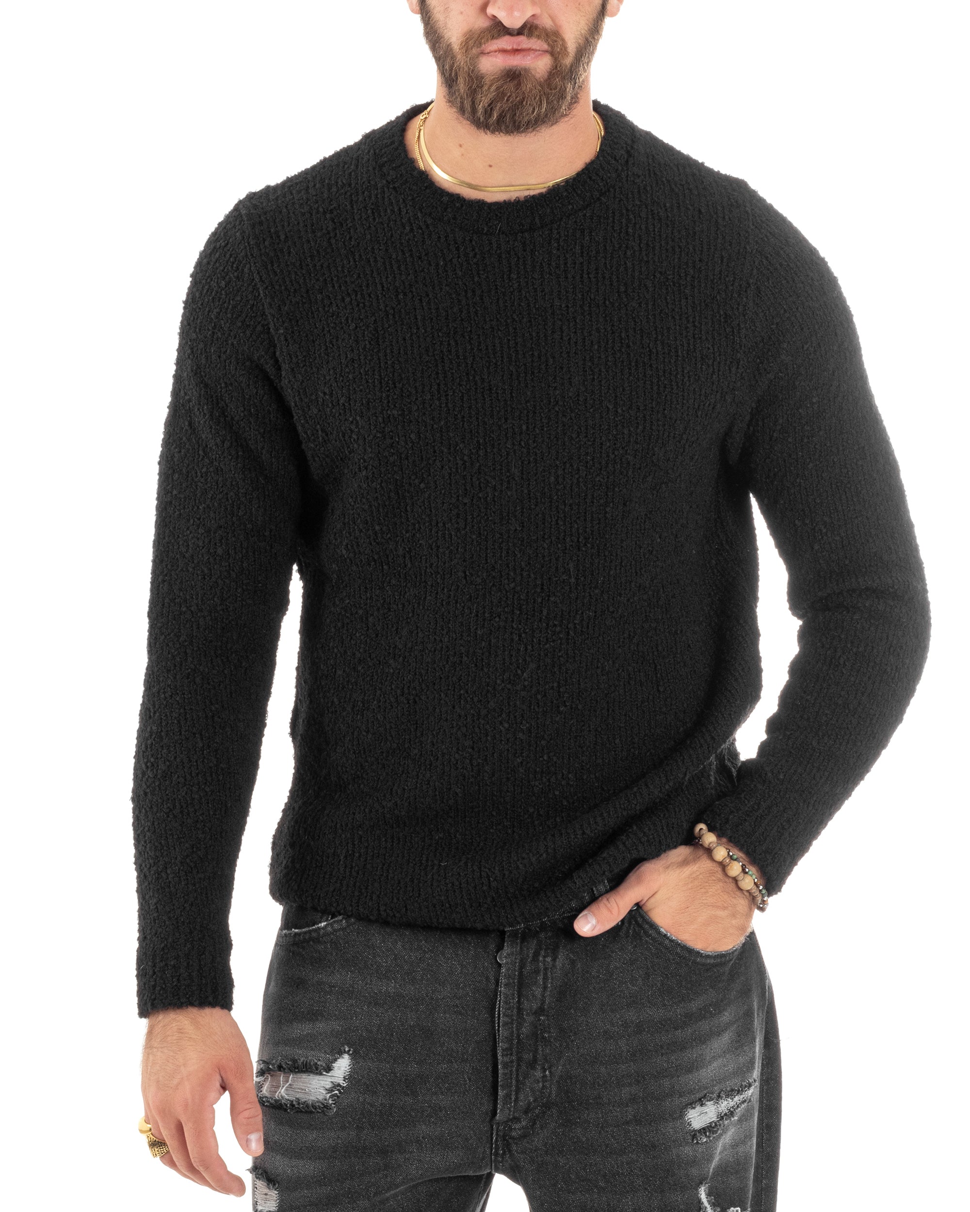 Maglioncino Uomo Girocollo Lana Bouclé Maglia Maniche Lunge Morbida Casual Basic Calda Tinta Unita Nero GIOSAL-M2915A