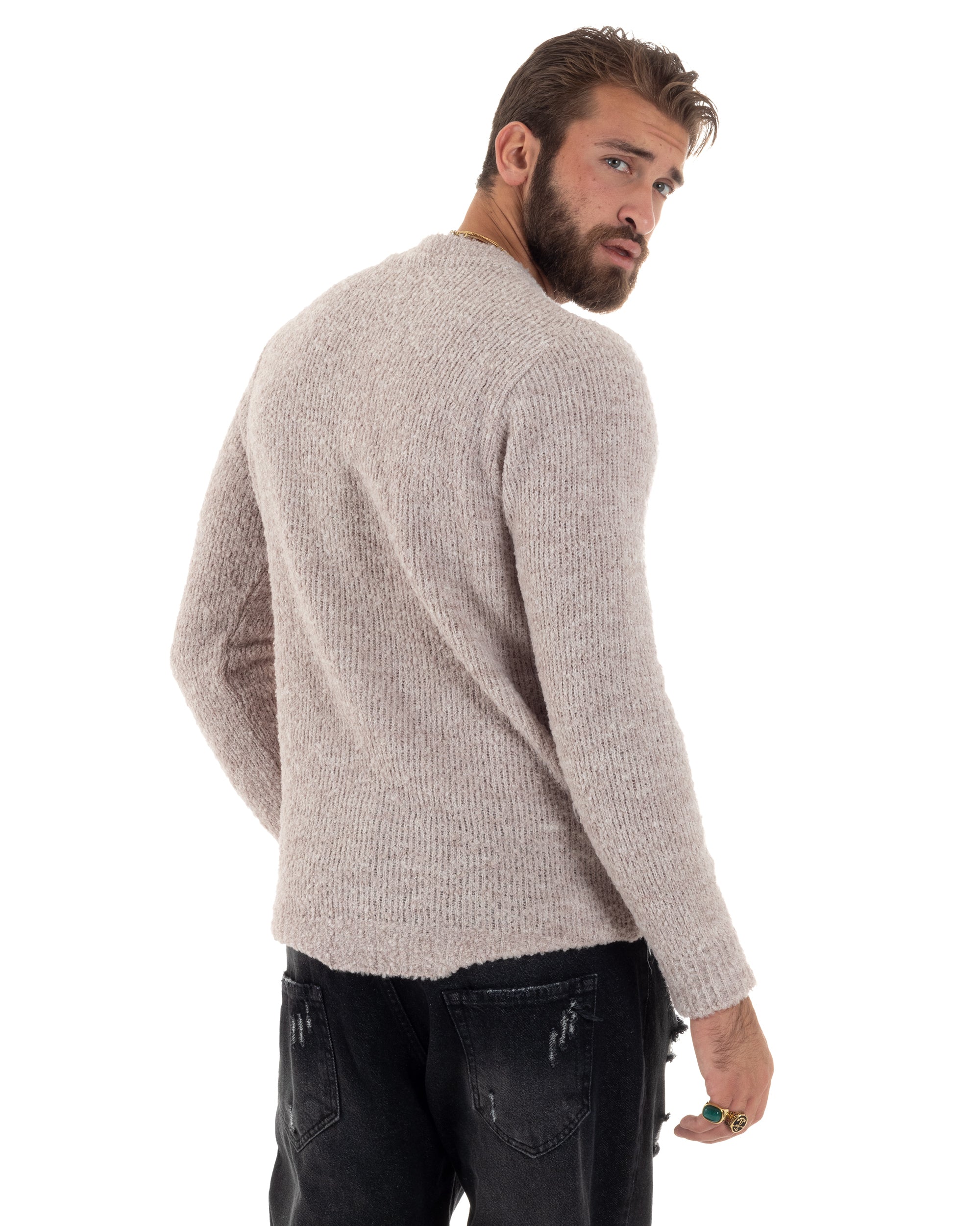 Maglioncino Uomo Girocollo Lana Bouclé Maglia Maniche Lunge Morbida Casual Basic Calda Tinta Unita Fango GIOSAL-M2916A