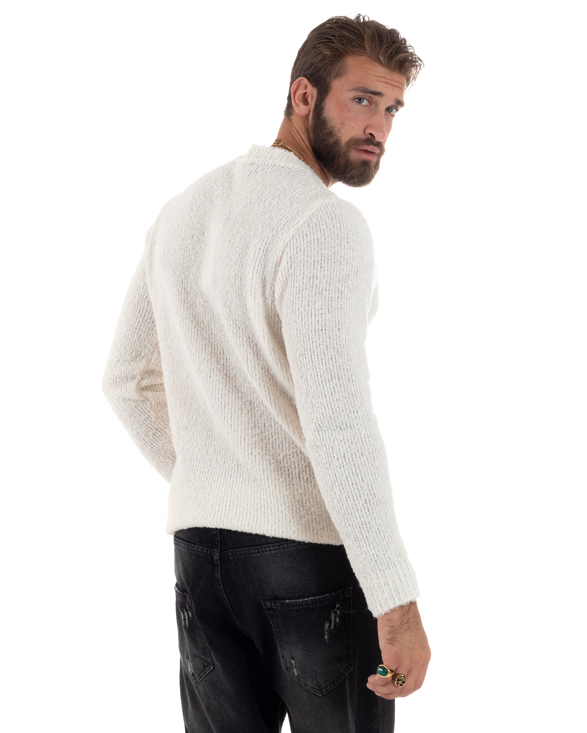 Maglioncino Uomo Girocollo Lana Bouclé Maglia Maniche Lunge Morbida Casual Basic Calda Tinta Unita Panna GIOSAL-M2917A