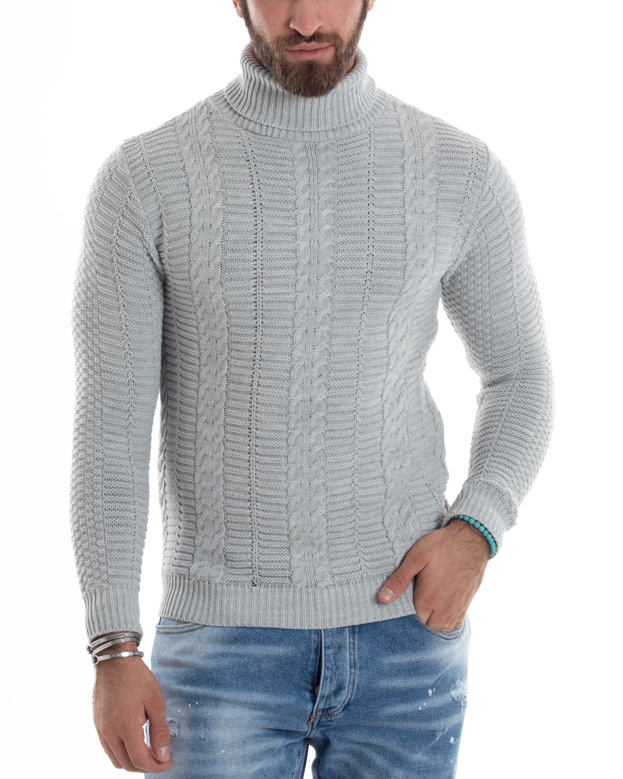 Maglione Uomo Lana Trecce Maglia Calda Maniche Lunghe Comoda Pullover Lavorato Casual Tinta Unita Grigio GIOSAL-M2919A