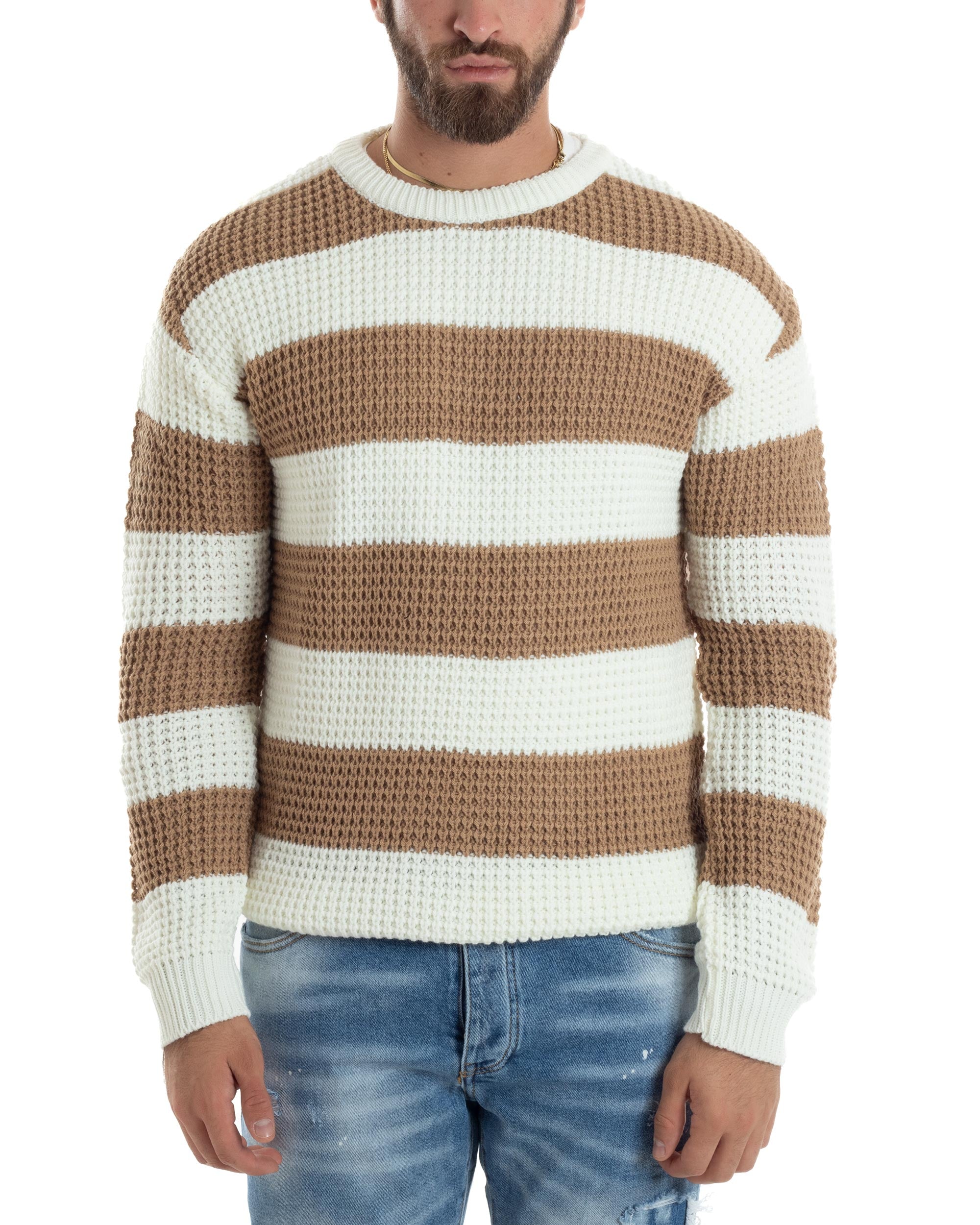 Maglione Uomo Girocollo Rigato Maglia Inglese Comoda Pullover Caldo Casual Bicolore Camel GIOSAL-M2921A