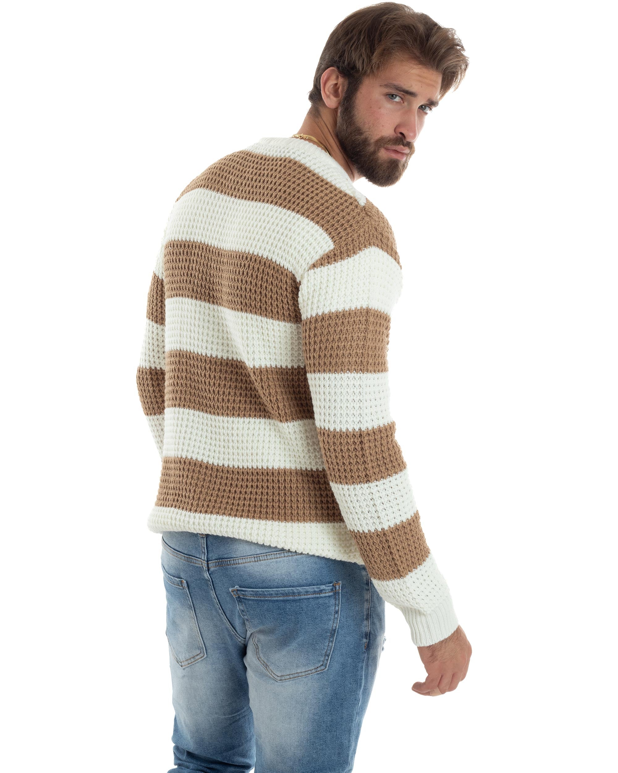 Maglione Uomo Girocollo Rigato Maglia Inglese Comoda Pullover Caldo Casual Bicolore Camel GIOSAL-M2921A