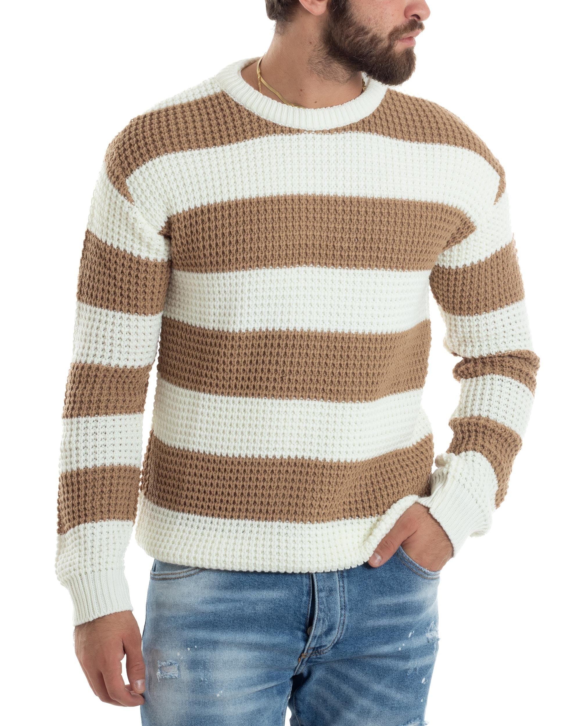 Maglione Uomo Girocollo Rigato Maglia Inglese Comoda Pullover Caldo Casual Bicolore Camel GIOSAL-M2921A