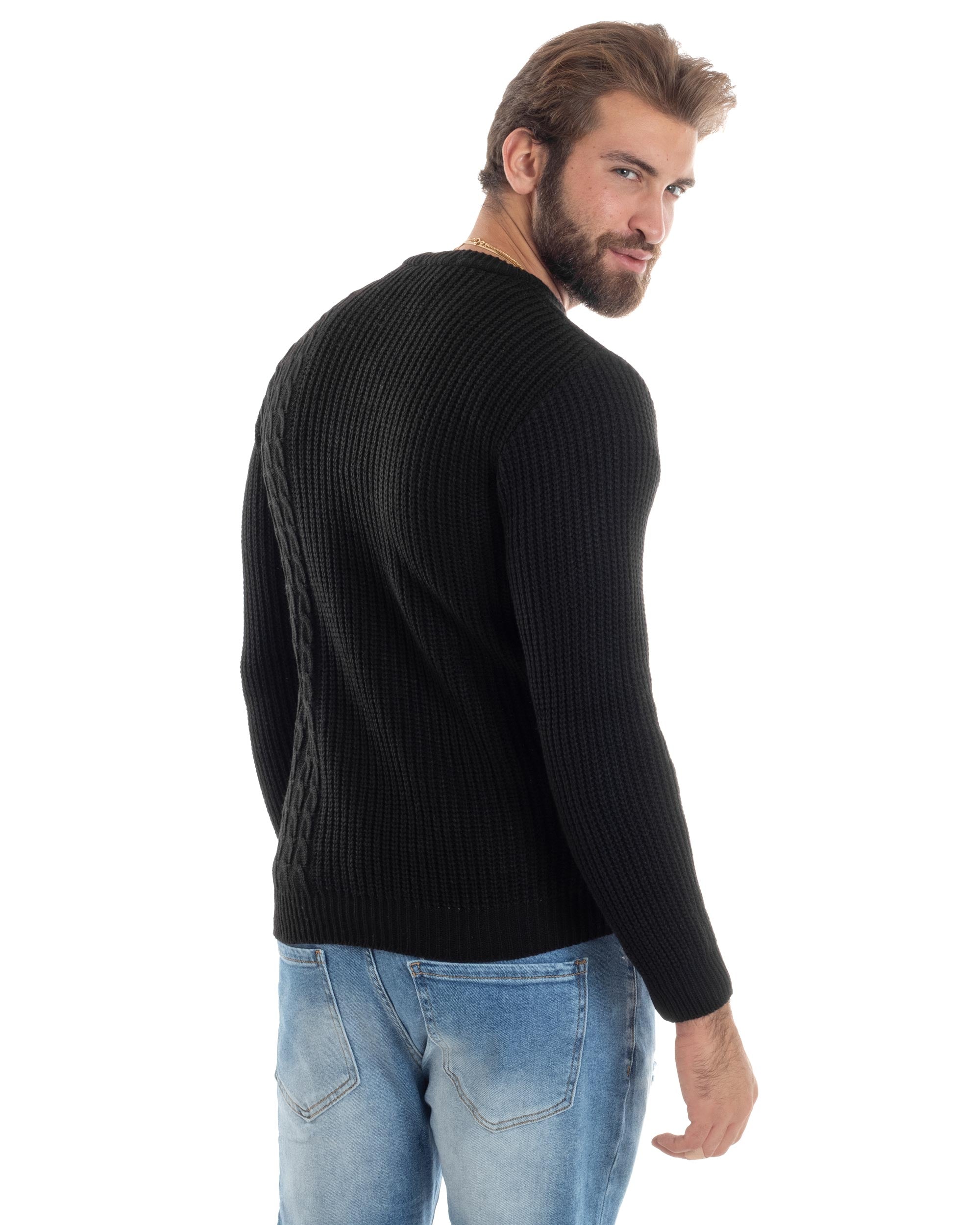 Maglione Uomo Girocollo Lana Trecce Pullover Caldo Maglioncino Comodo Casual Tinta Unita Nero GIOSAL-M2923A