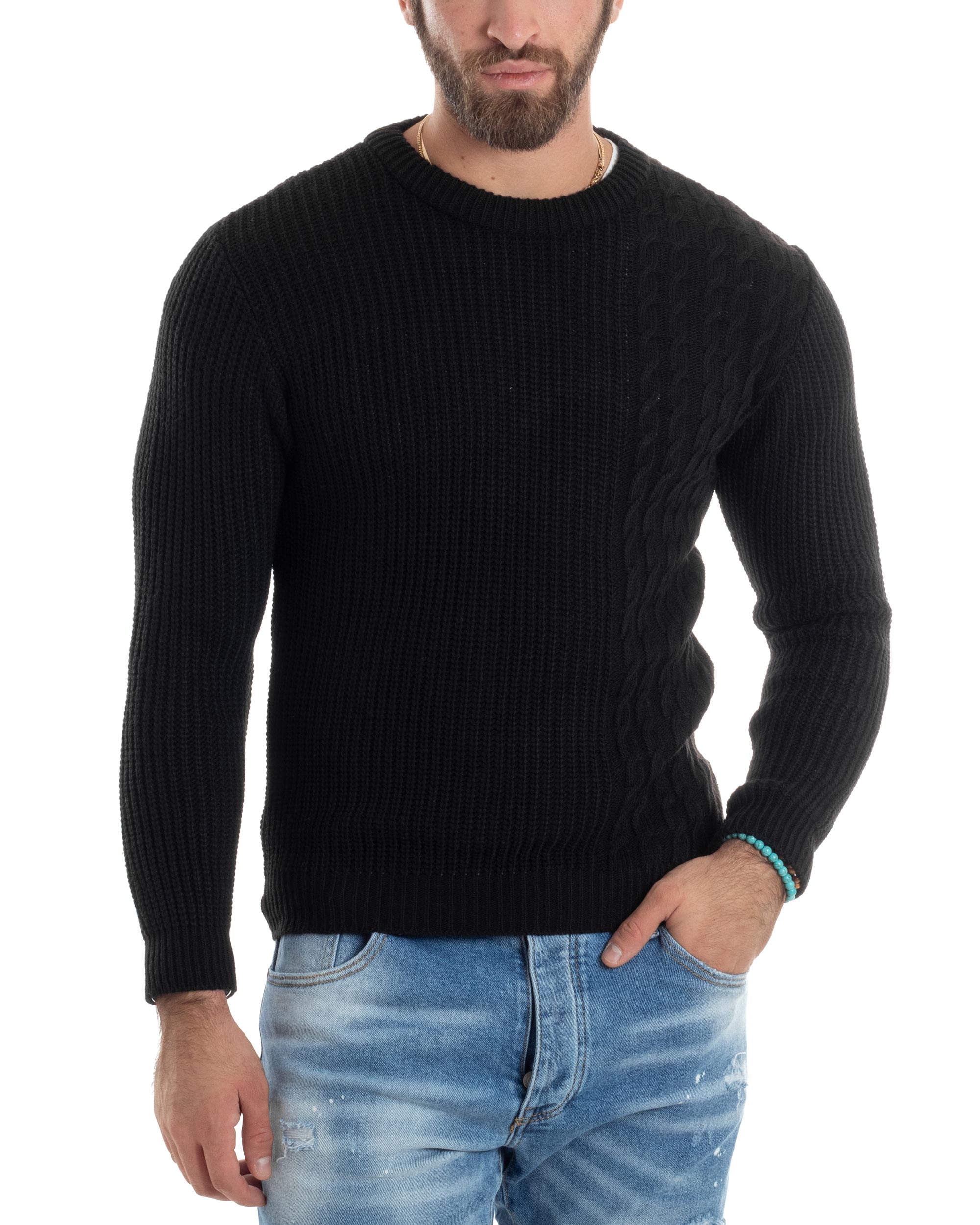 Maglione Uomo Girocollo Lana Trecce Pullover Caldo Maglioncino Comodo Casual Tinta Unita Nero GIOSAL-M2923A