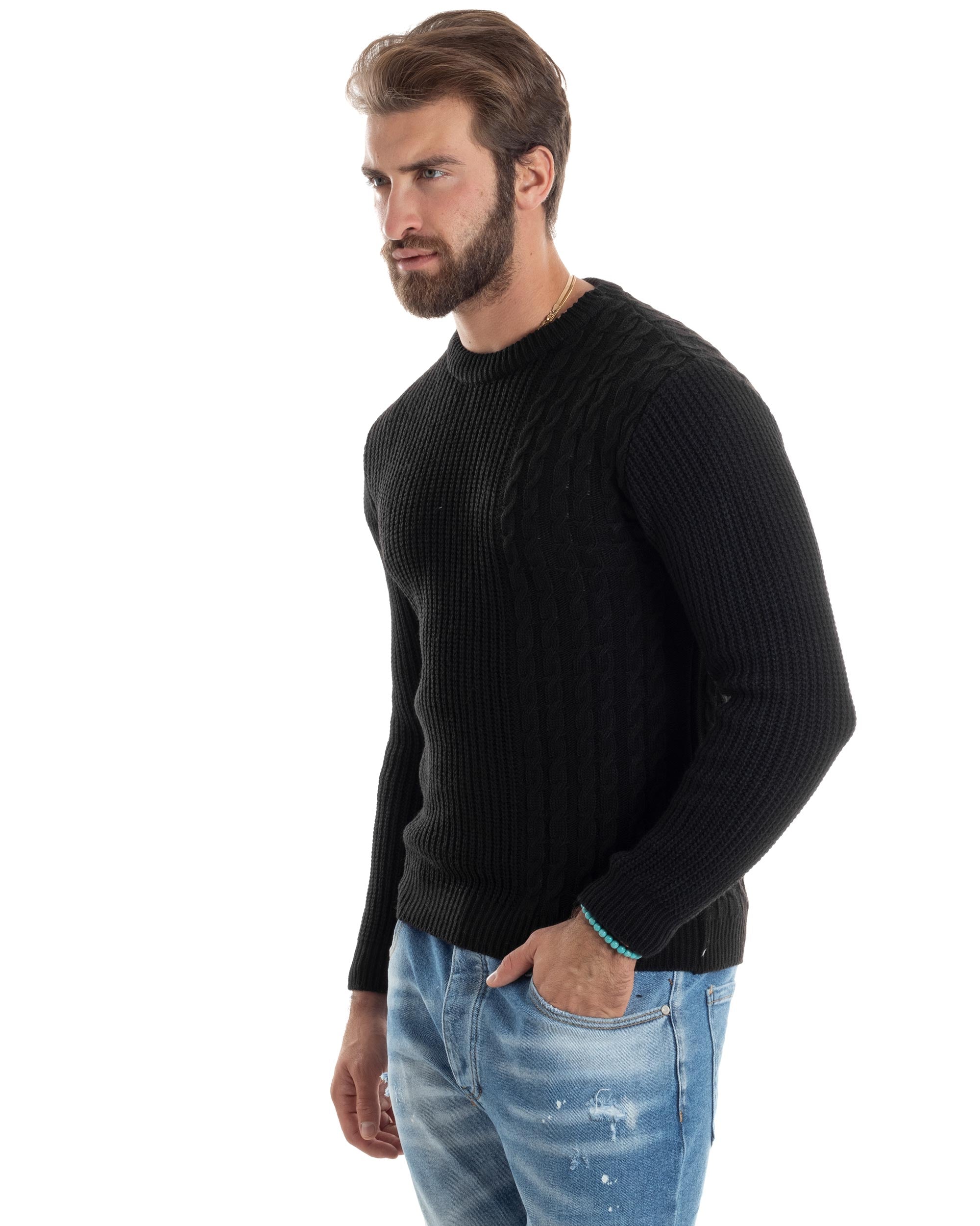 Maglione Uomo Girocollo Lana Trecce Pullover Caldo Maglioncino Comodo Casual Tinta Unita Nero GIOSAL-M2923A