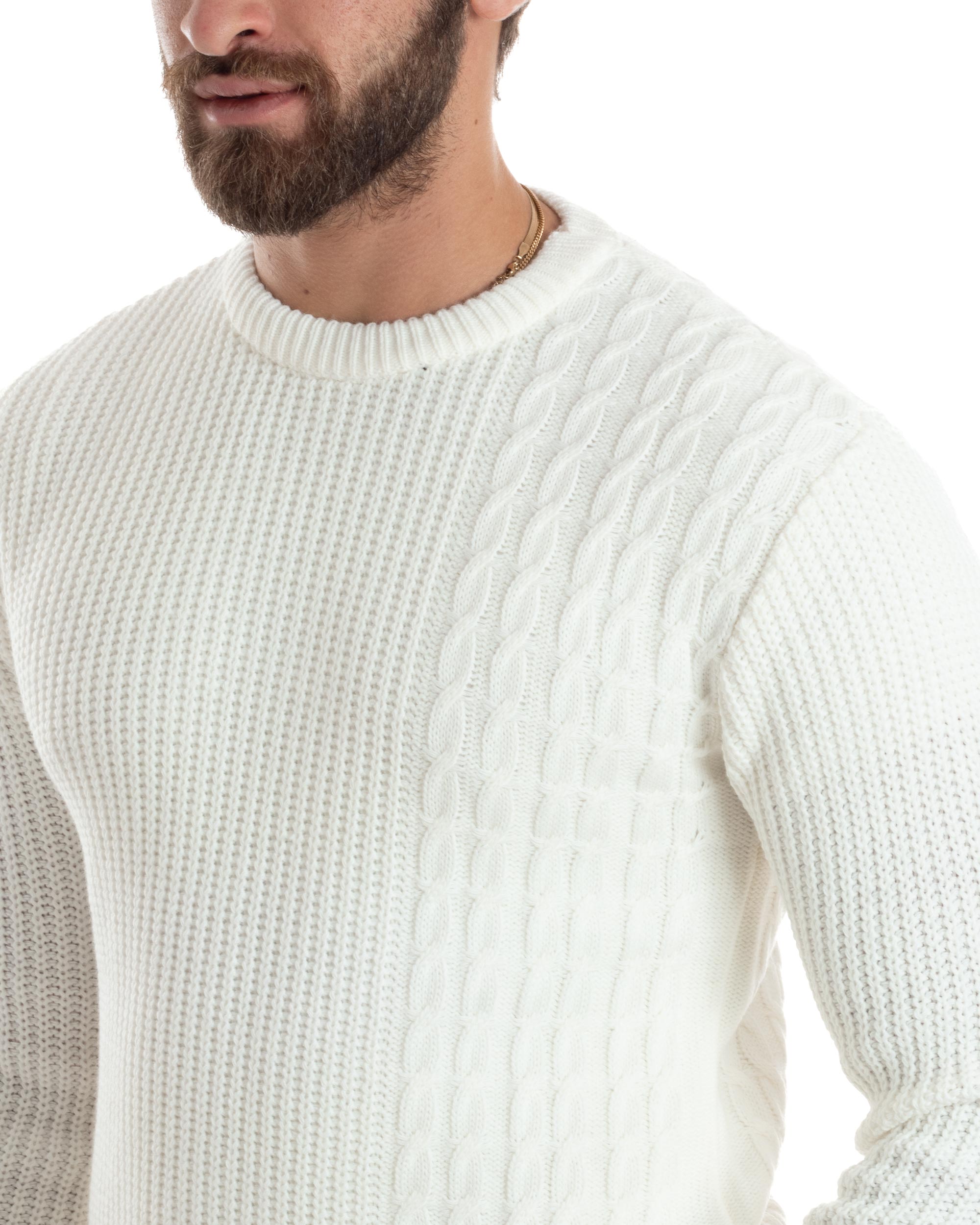 Maglione Uomo Girocollo Lana Trecce Pullover Caldo Maglioncino Comodo Casual Tinta Unita Bianco GIOSAL-M2925A