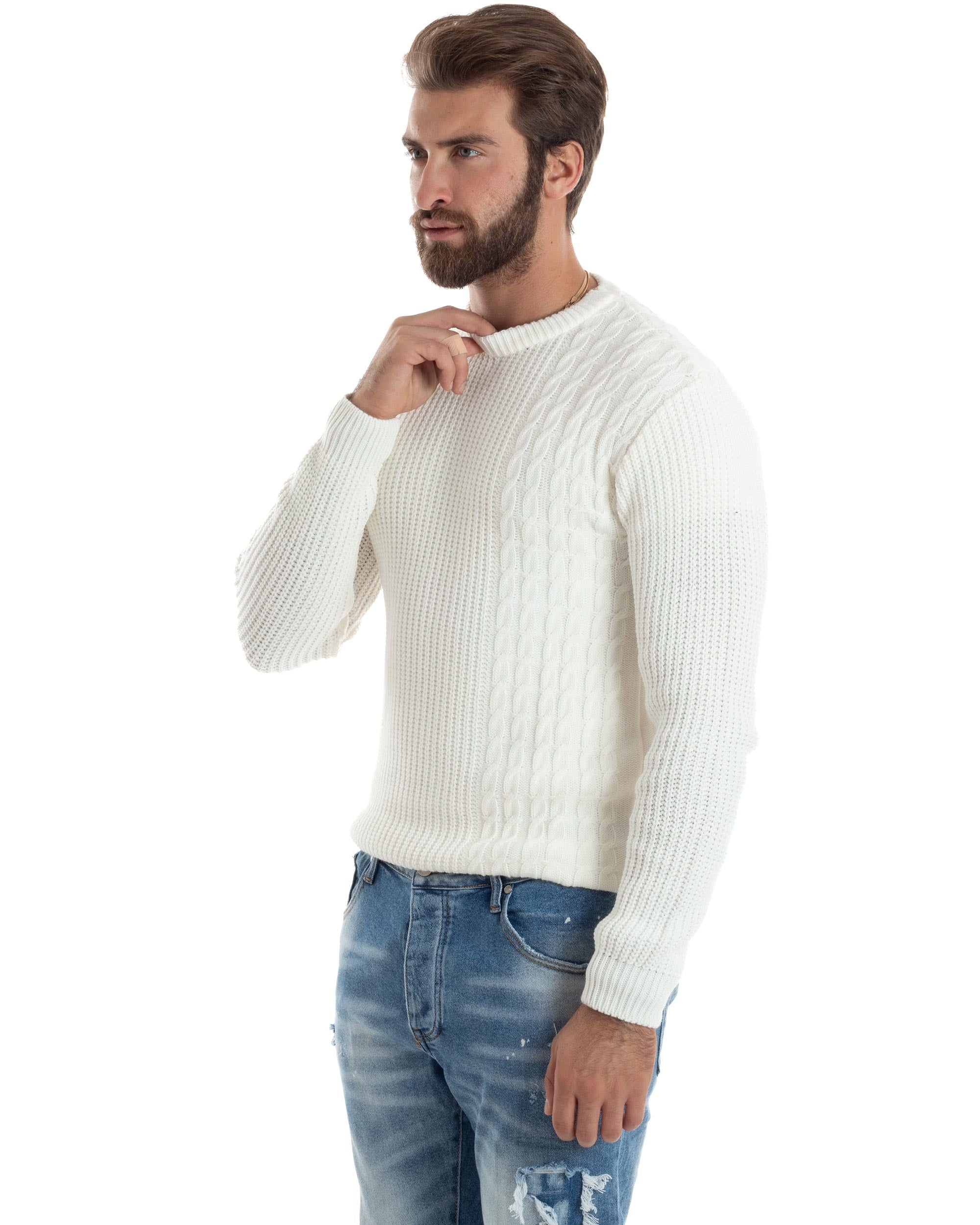 Maglione Uomo Girocollo Lana Trecce Pullover Caldo Maglioncino Comodo Casual Tinta Unita Bianco GIOSAL-M2925A