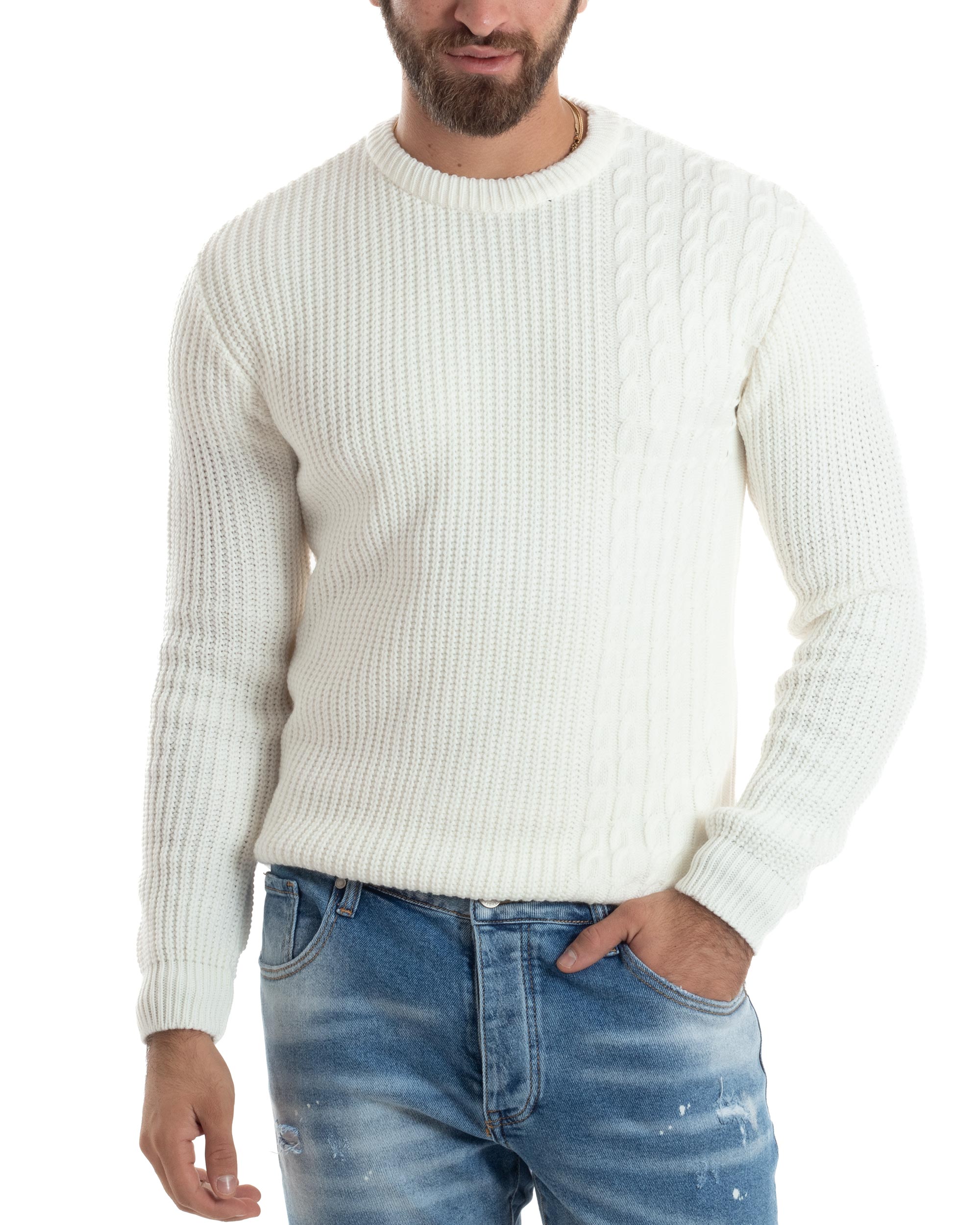 Maglione Uomo Girocollo Lana Trecce Pullover Caldo Maglioncino Comodo Casual Tinta Unita Bianco GIOSAL-M2925A