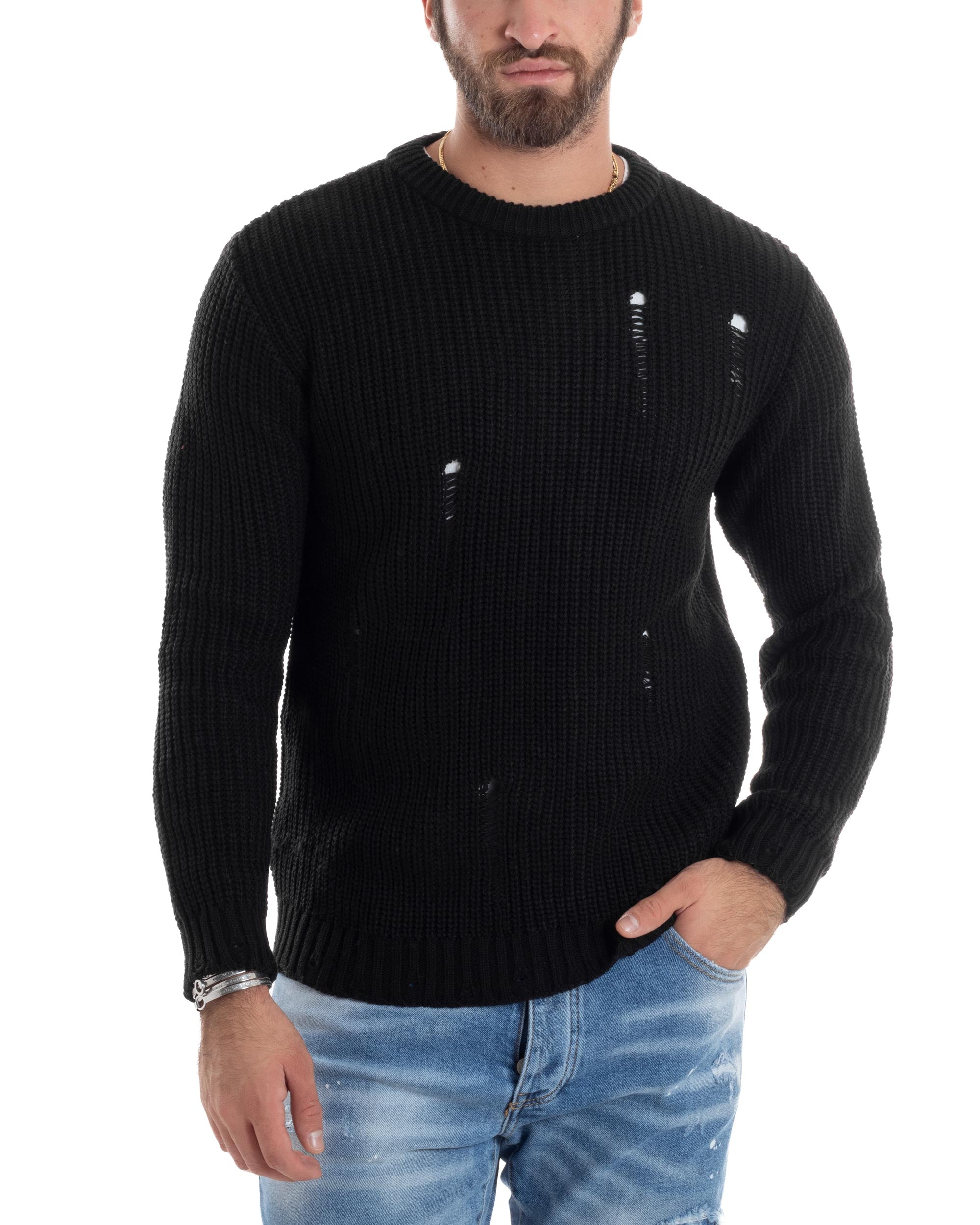 Maglione Uomo Girocollo Con Rotture Lana Maglia Inglese Maglioncino Caldo Pullover Casual Comodo Nero GIOSAL-M2926A