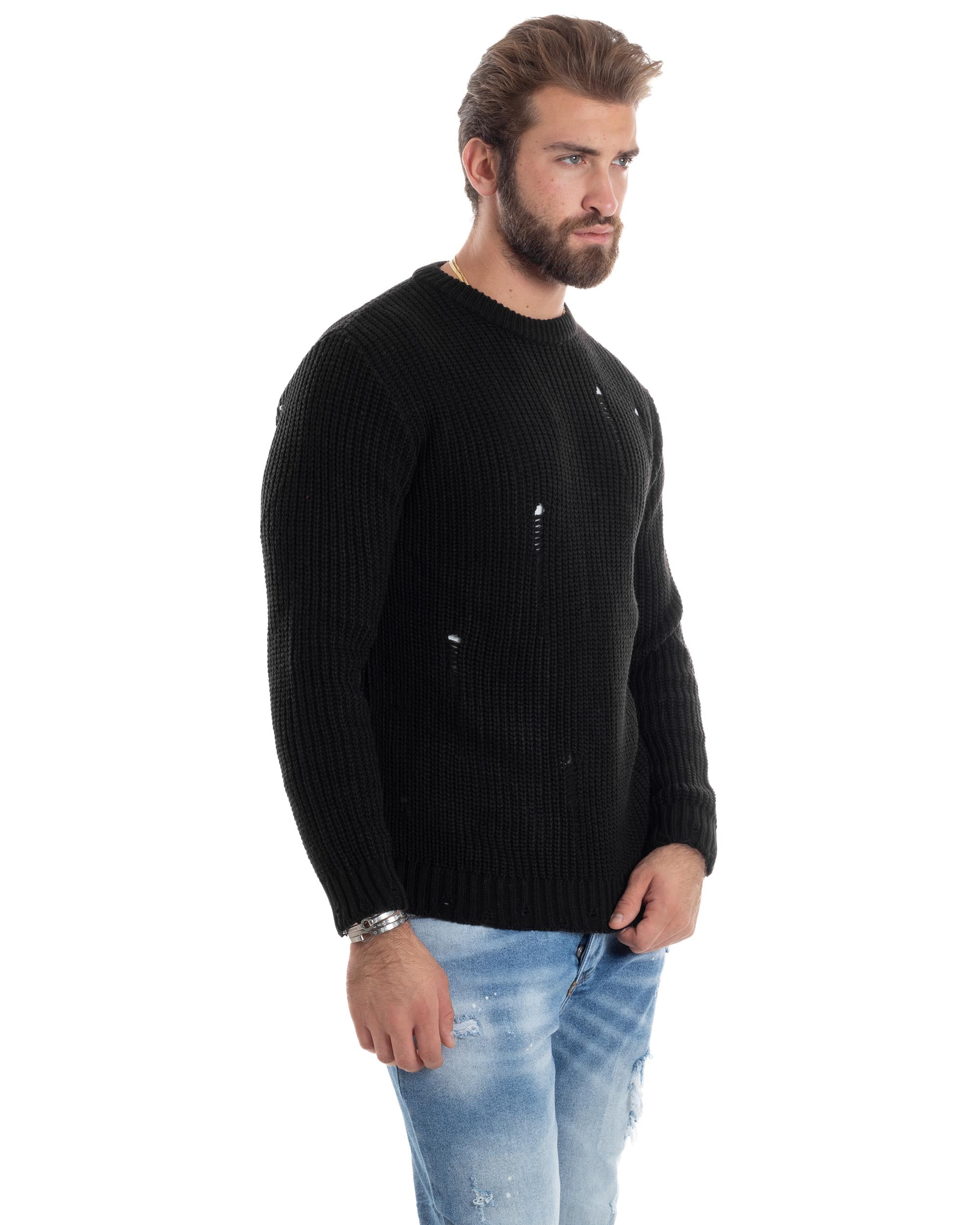 Maglione Uomo Girocollo Con Rotture Lana Maglia Inglese Maglioncino Caldo Pullover Casual Comodo Nero GIOSAL-M2926A