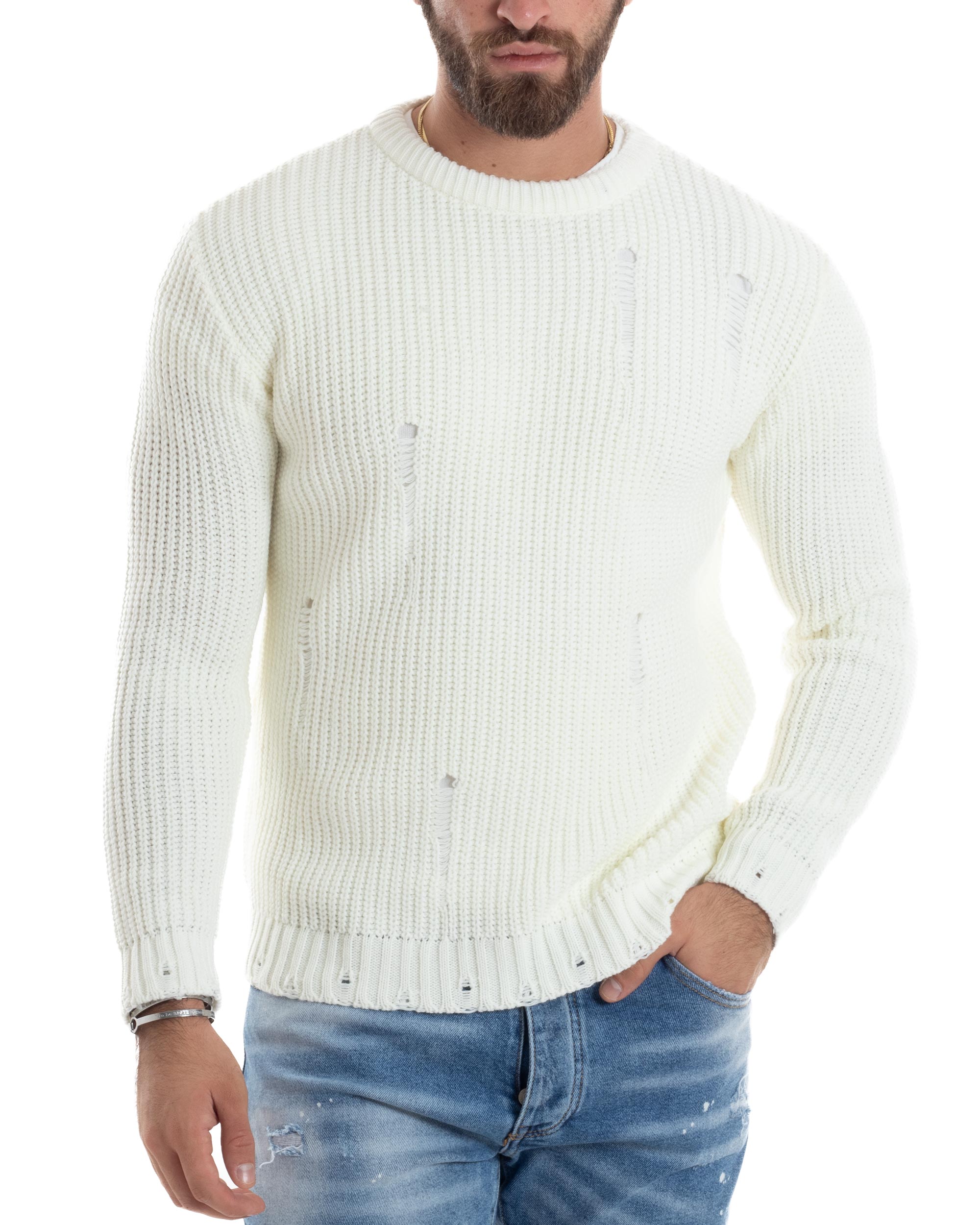 Maglione Uomo Girocollo Con Rotture Lana Maglia Inglese Maglioncino Caldo Pullover Casual Comodo Panna GIOSAL-M2927A