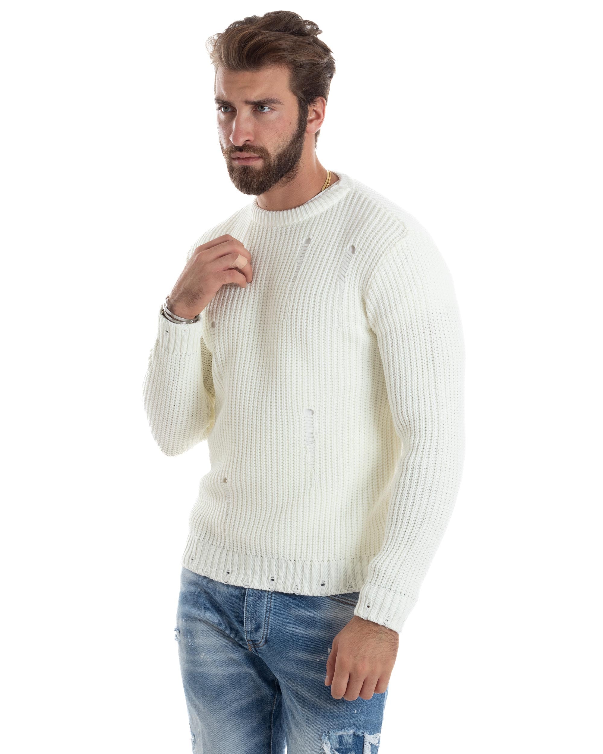 Maglione Uomo Girocollo Con Rotture Lana Maglia Inglese Maglioncino Caldo Pullover Casual Comodo Panna GIOSAL-M2927A