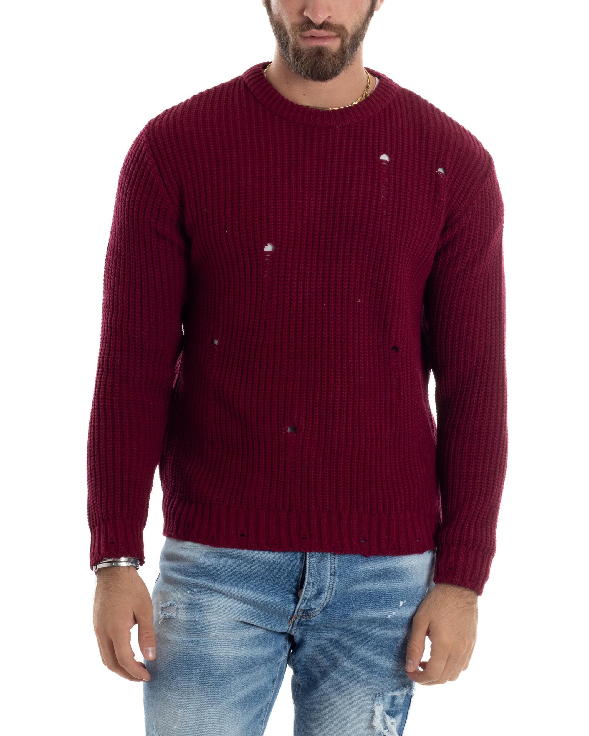 Maglione Uomo Girocollo Con Rotture Lana Maglia Inglese Maglioncino Caldo Pullover Casual Comodo Bordeaux GIOSAL-M2928A