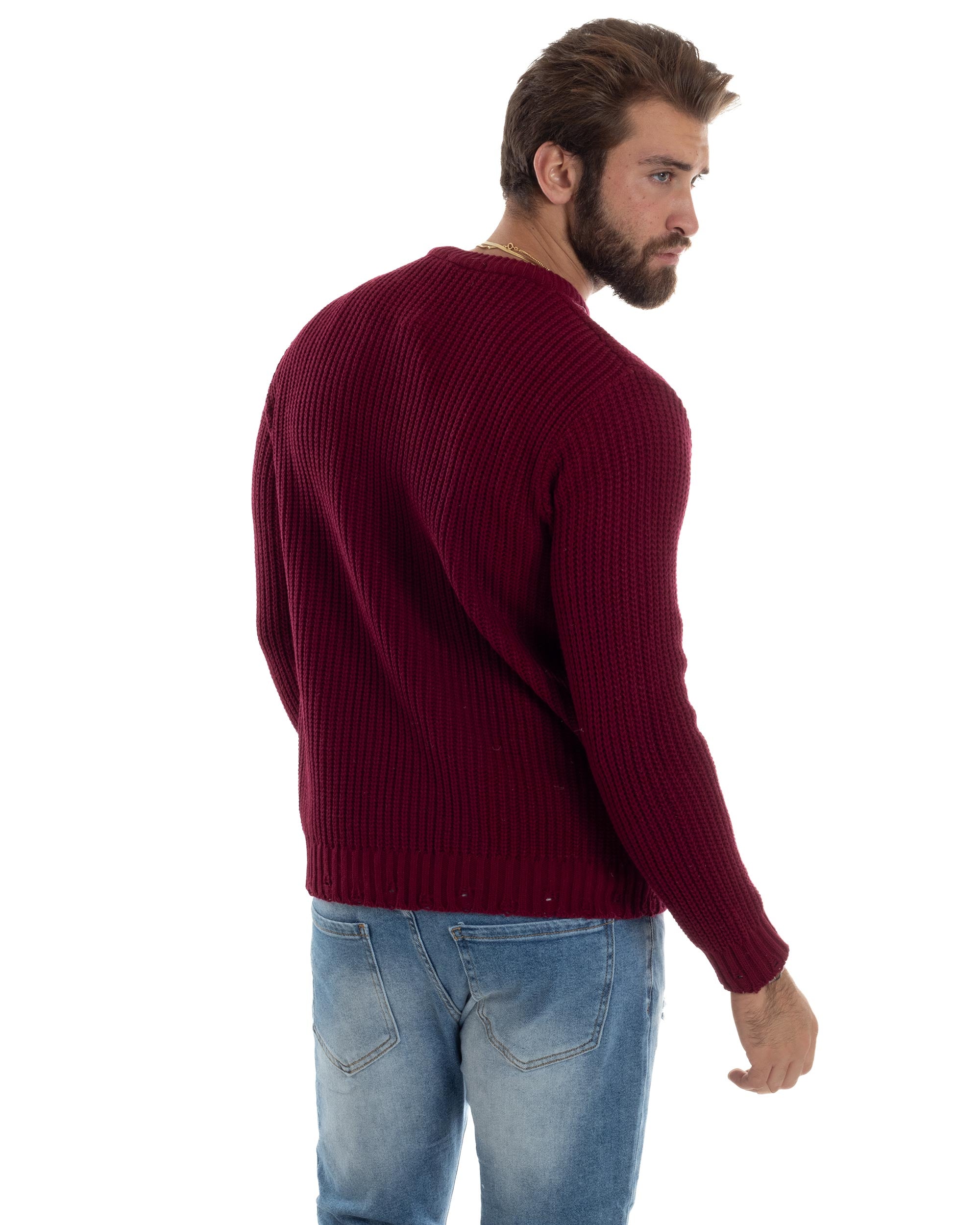 Maglione Uomo Girocollo Con Rotture Lana Maglia Inglese Maglioncino Caldo Pullover Casual Comodo Bordeaux GIOSAL-M2928A