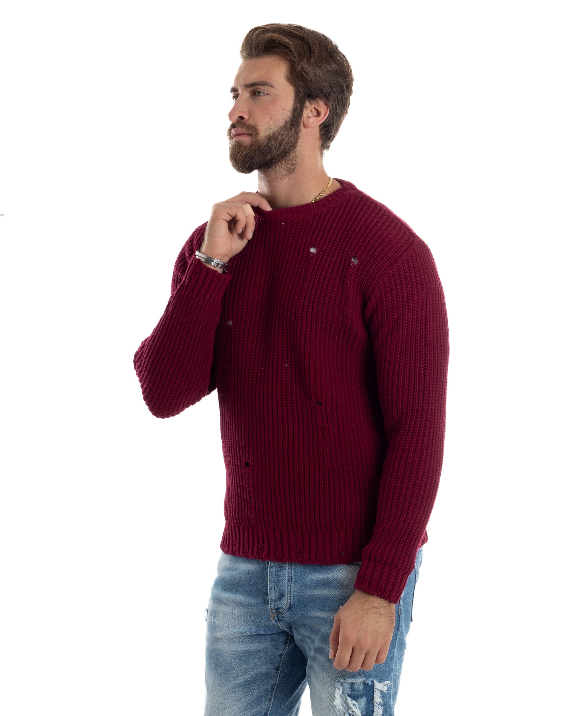 Maglione Uomo Girocollo Con Rotture Lana Maglia Inglese Maglioncino Caldo Pullover Casual Comodo Bordeaux GIOSAL-M2928A