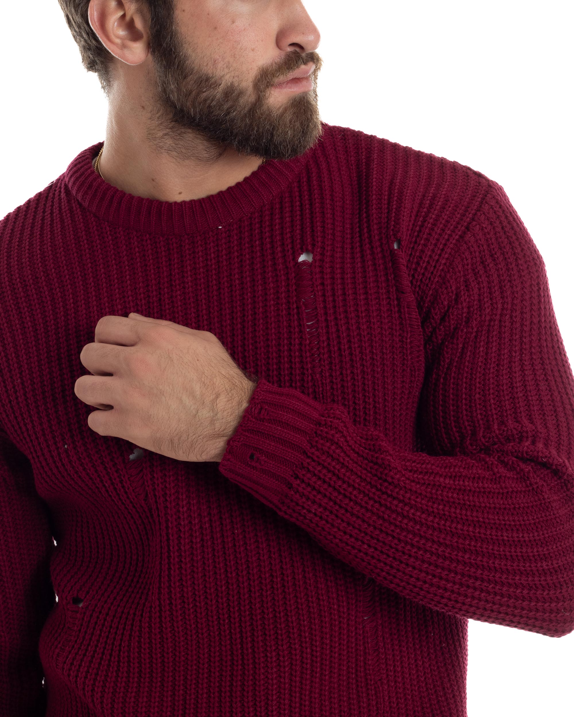 Maglione Uomo Girocollo Con Rotture Lana Maglia Inglese Maglioncino Caldo Pullover Casual Comodo Bordeaux GIOSAL-M2928A