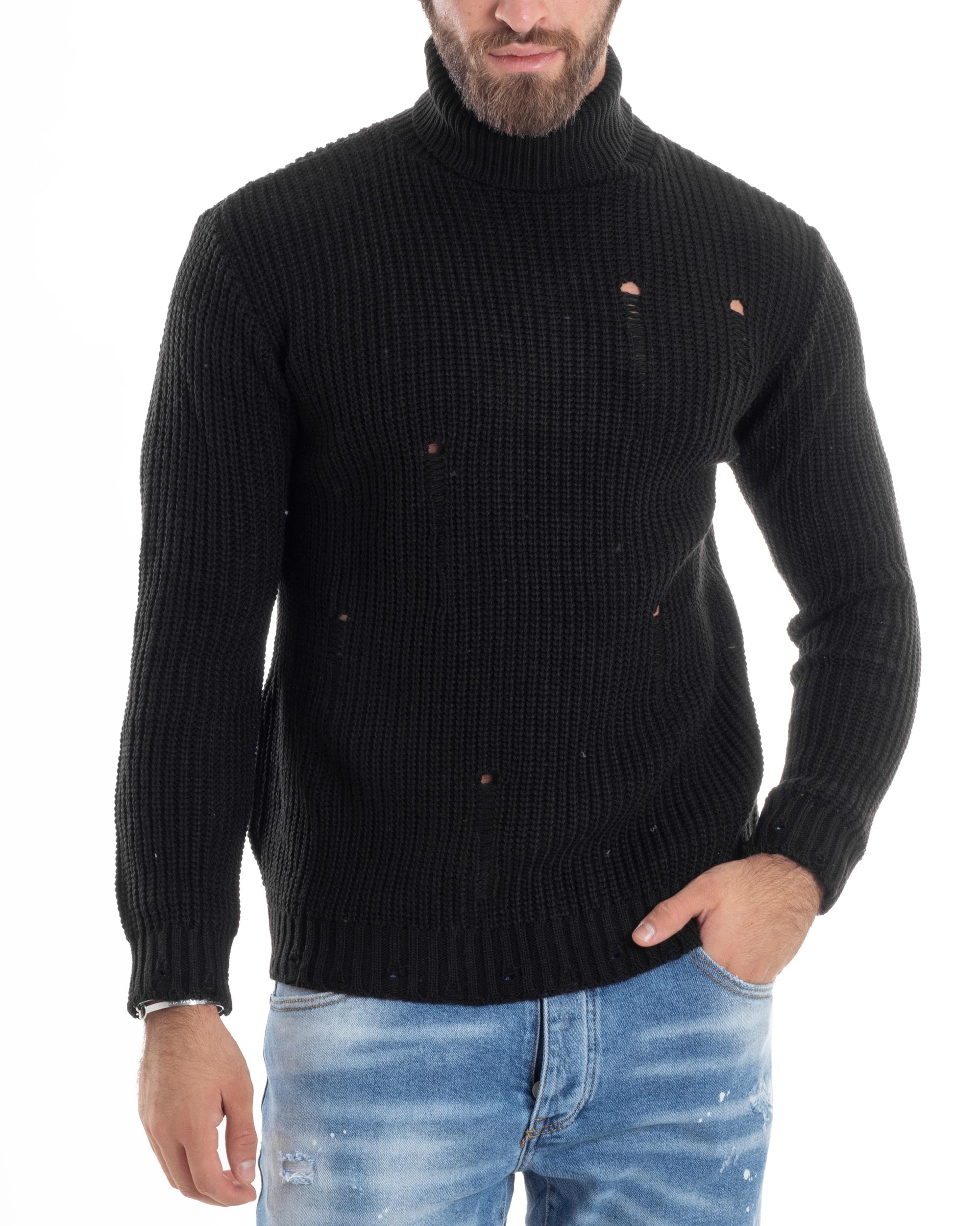 Maglione Uomo Collo Alto Con Rotture Lana Maglia Inglese Maglioncino Caldo Pullover Casual Comodo Nero GIOSAL-M2929A