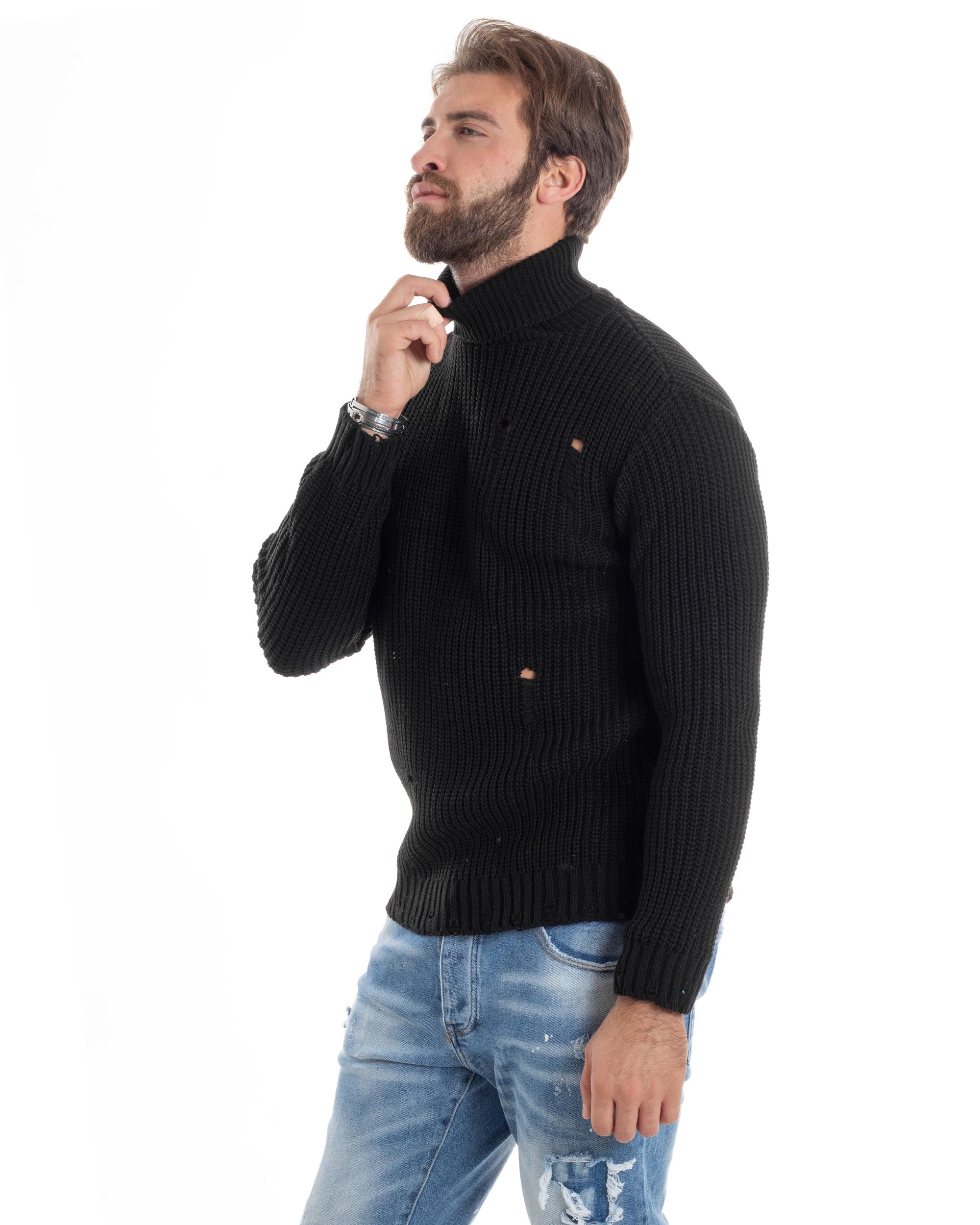 Maglione Uomo Collo Alto Con Rotture Lana Maglia Inglese Maglioncino Caldo Pullover Casual Comodo Nero GIOSAL-M2929A