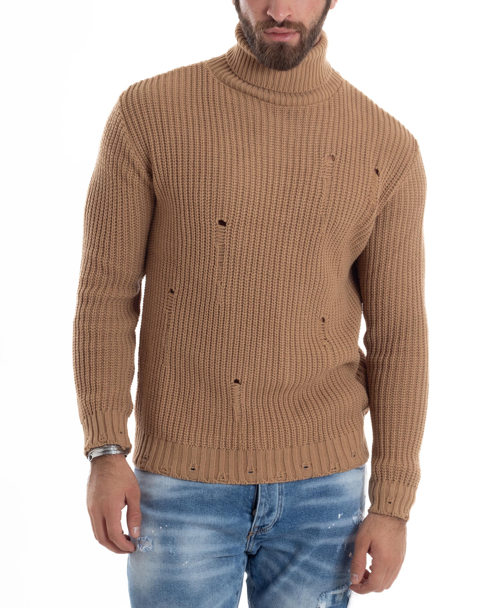 Maglione Uomo Collo Alto Con Rotture Lana Maglia Inglese Maglioncino Caldo Pullover Casual Comodo Camel GIOSAL-M2930A