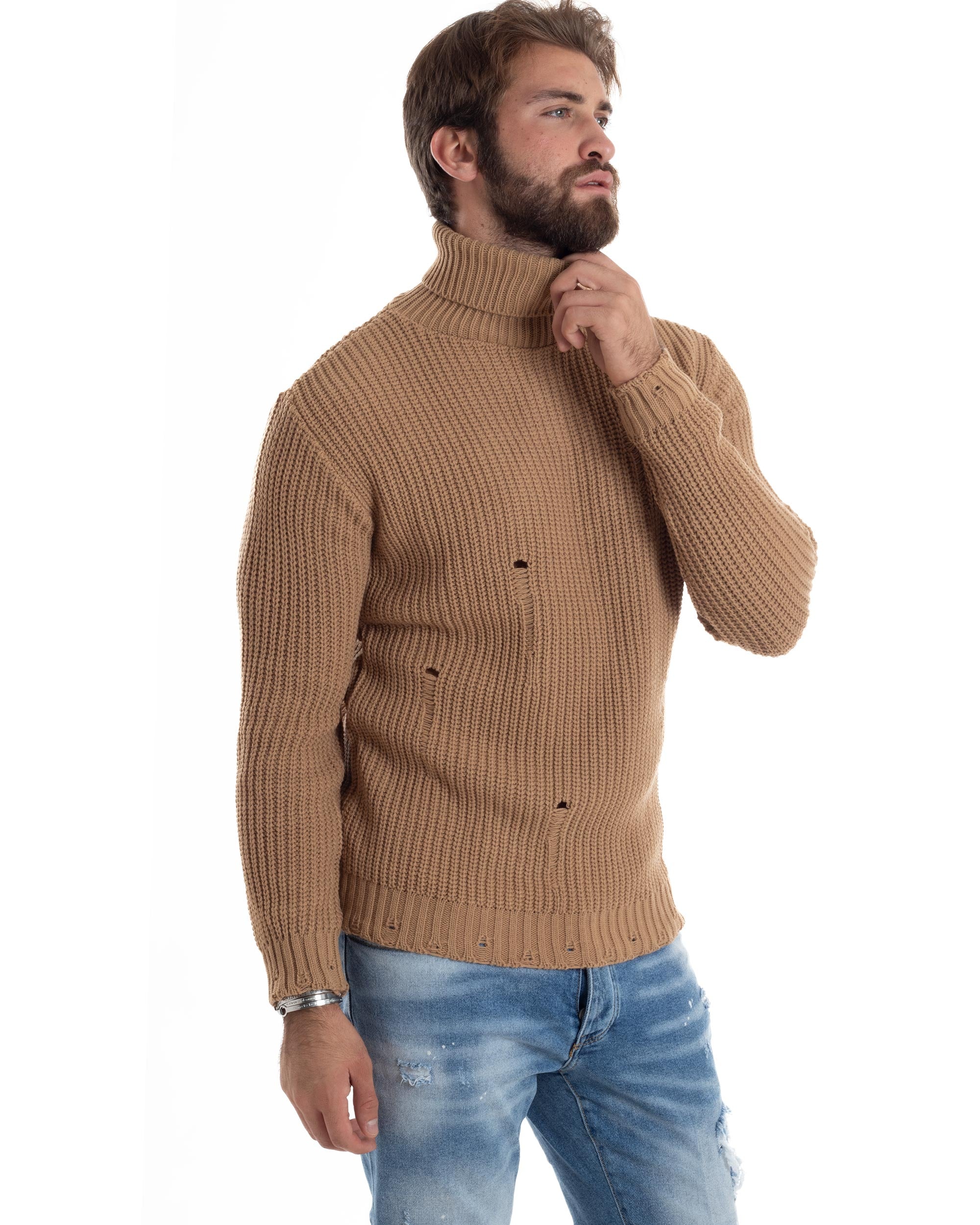 Maglione Uomo Collo Alto Con Rotture Lana Maglia Inglese Maglioncino Caldo Pullover Casual Comodo Camel GIOSAL-M2930A