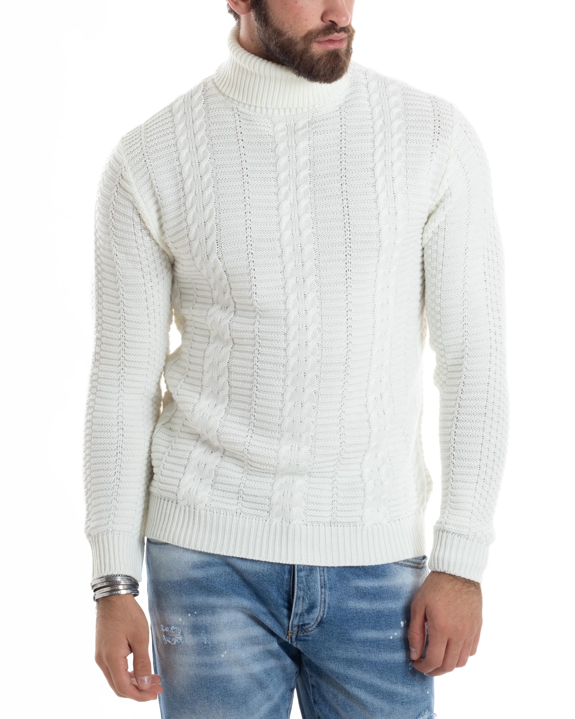 Maglione Uomo Lana Trecce Maglia Calda Maniche Lunghe Comoda Pullover Lavorato Casual Tinta Unita Panna GIOSAL-M2920A