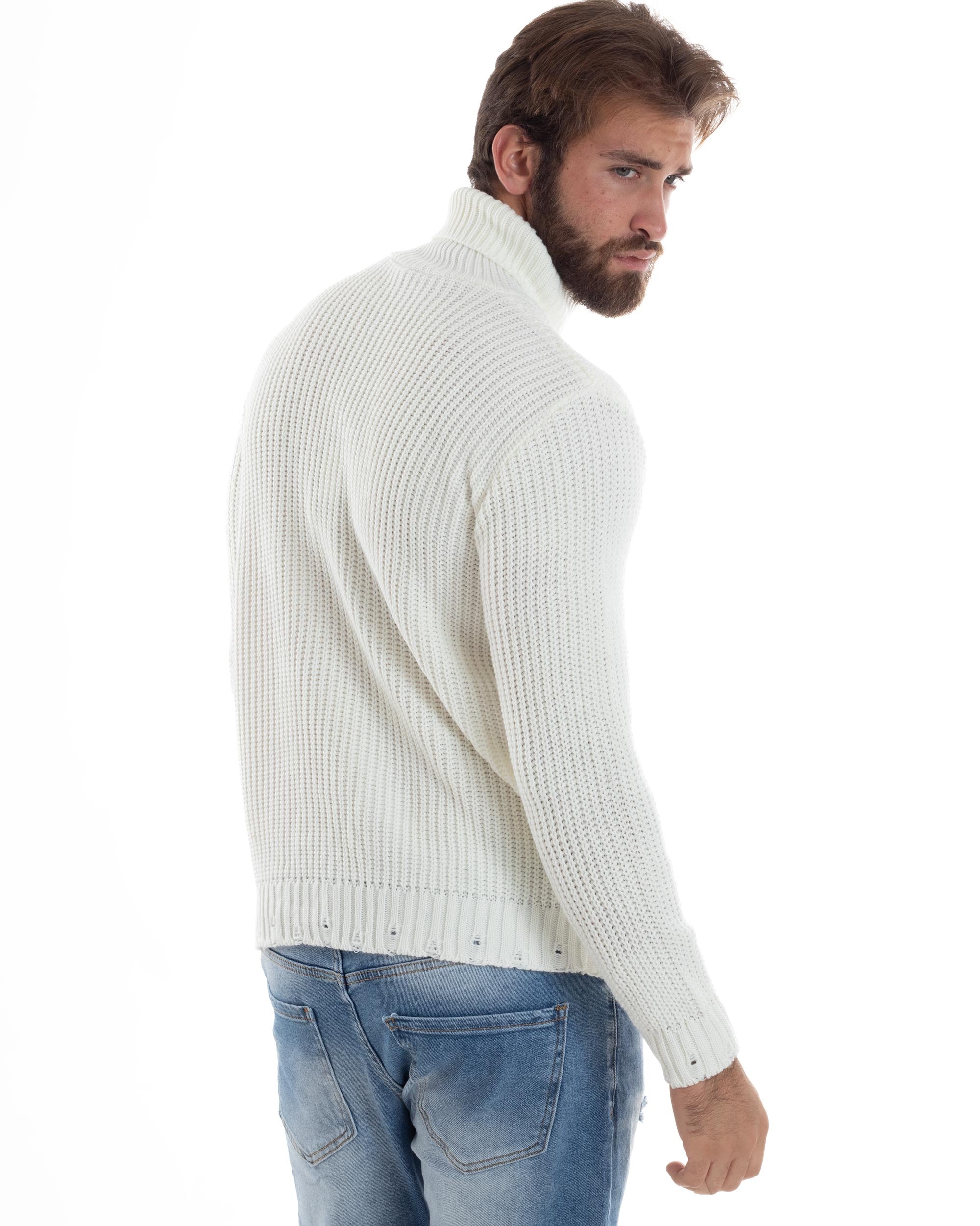 Maglione Uomo Collo Alto Con Rotture Lana Maglia Inglese Maglioncino Caldo Pullover Casual Comodo Bianco GIOSAL-M2931A