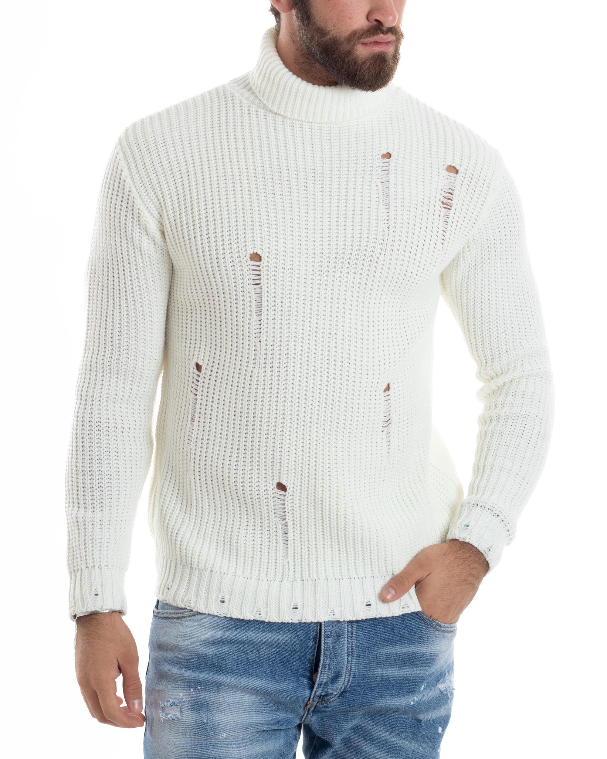 Maglione Uomo Collo Alto Con Rotture Lana Maglia Inglese Maglioncino Caldo Pullover Casual Comodo Bianco GIOSAL-M2931A