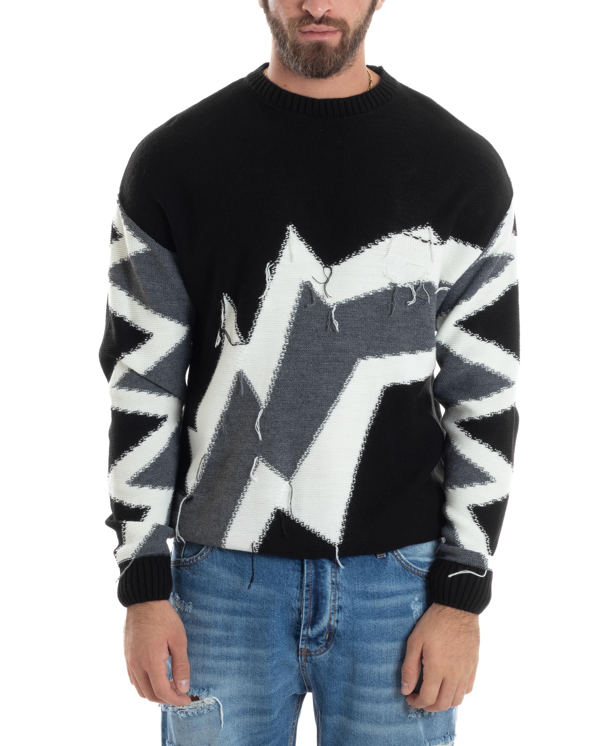 Maglione Uomo Girocollo Maglia Morbida Calda Pullover Fantasia Bicolore Casual Nero GIOSAL-M2932A