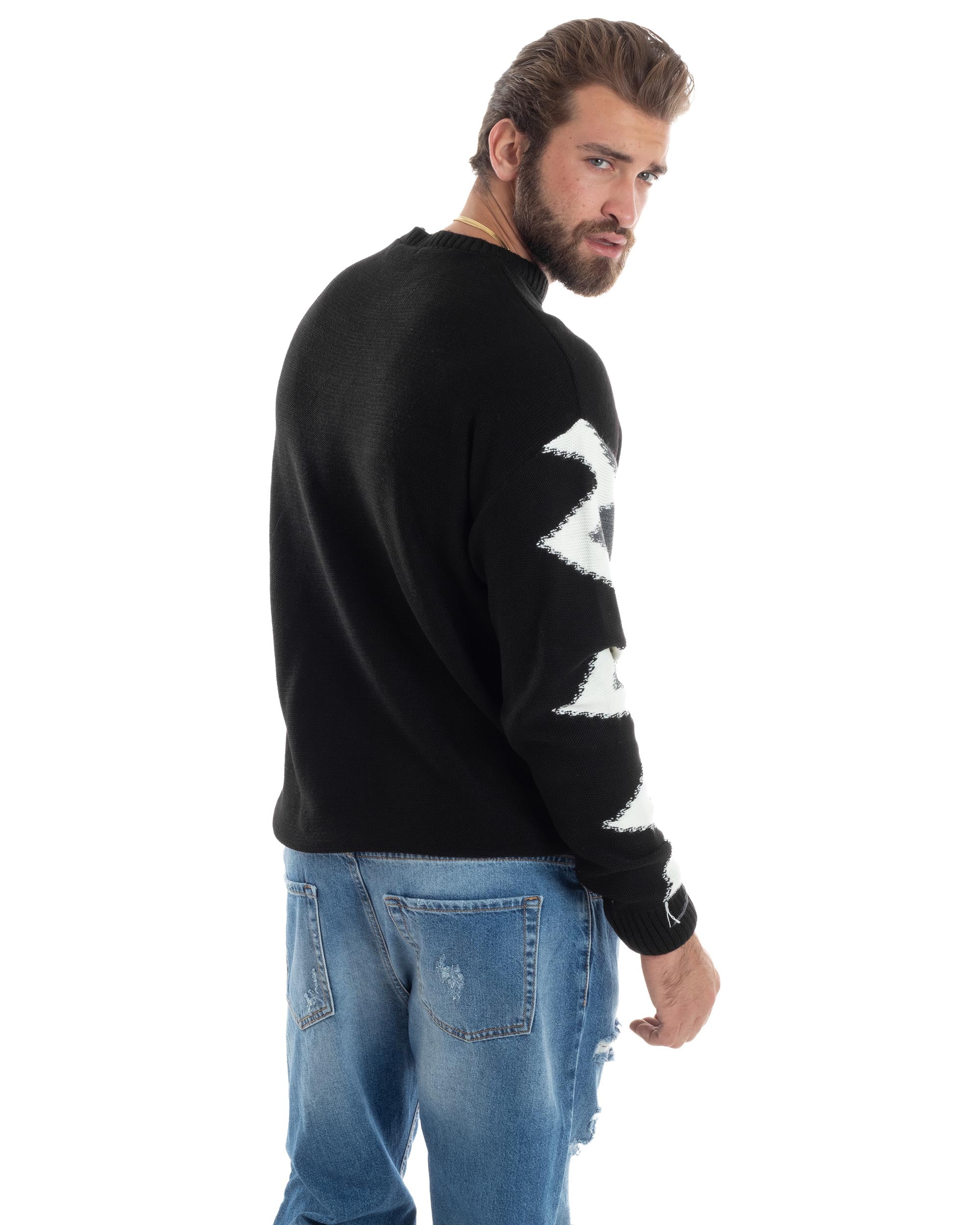 Maglione Uomo Girocollo Maglia Morbida Calda Pullover Fantasia Bicolore Casual Nero GIOSAL-M2932A