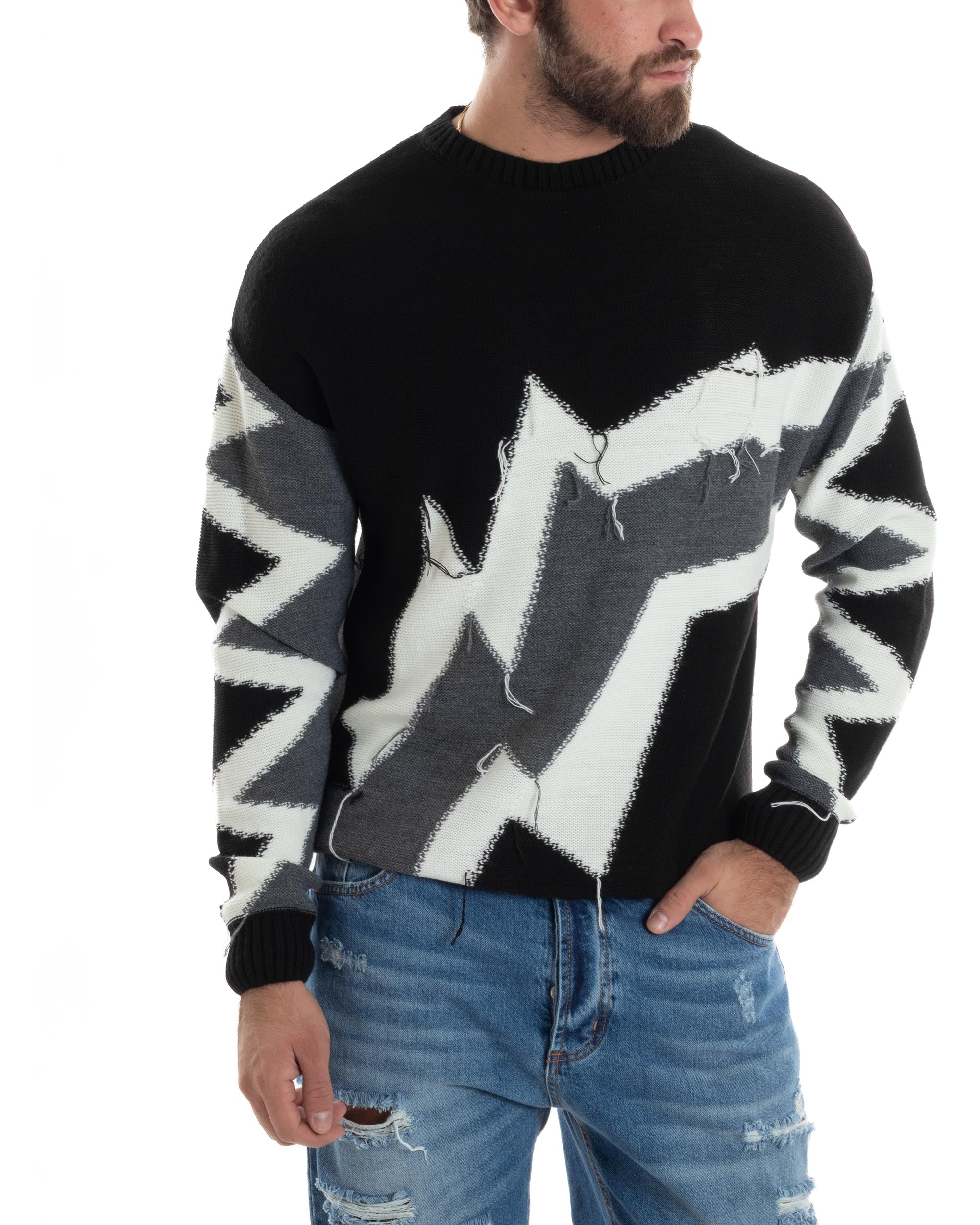 Maglione Uomo Girocollo Maglia Morbida Calda Pullover Fantasia Bicolore Casual Nero GIOSAL-M2932A