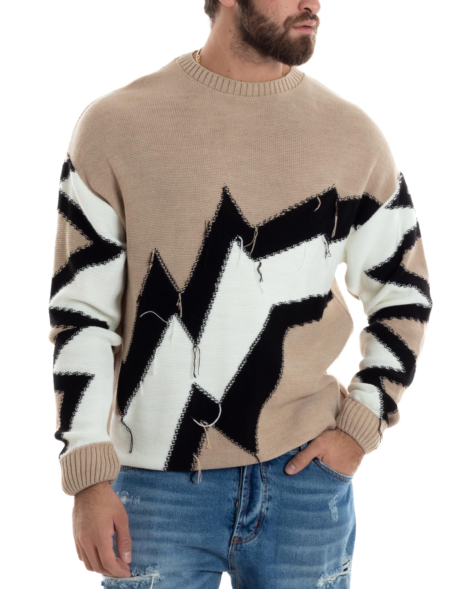 Maglione Uomo Girocollo Maglia Morbida Calda Pullover Fantasia Bicolore Casual Beige GIOSAL-M2933A